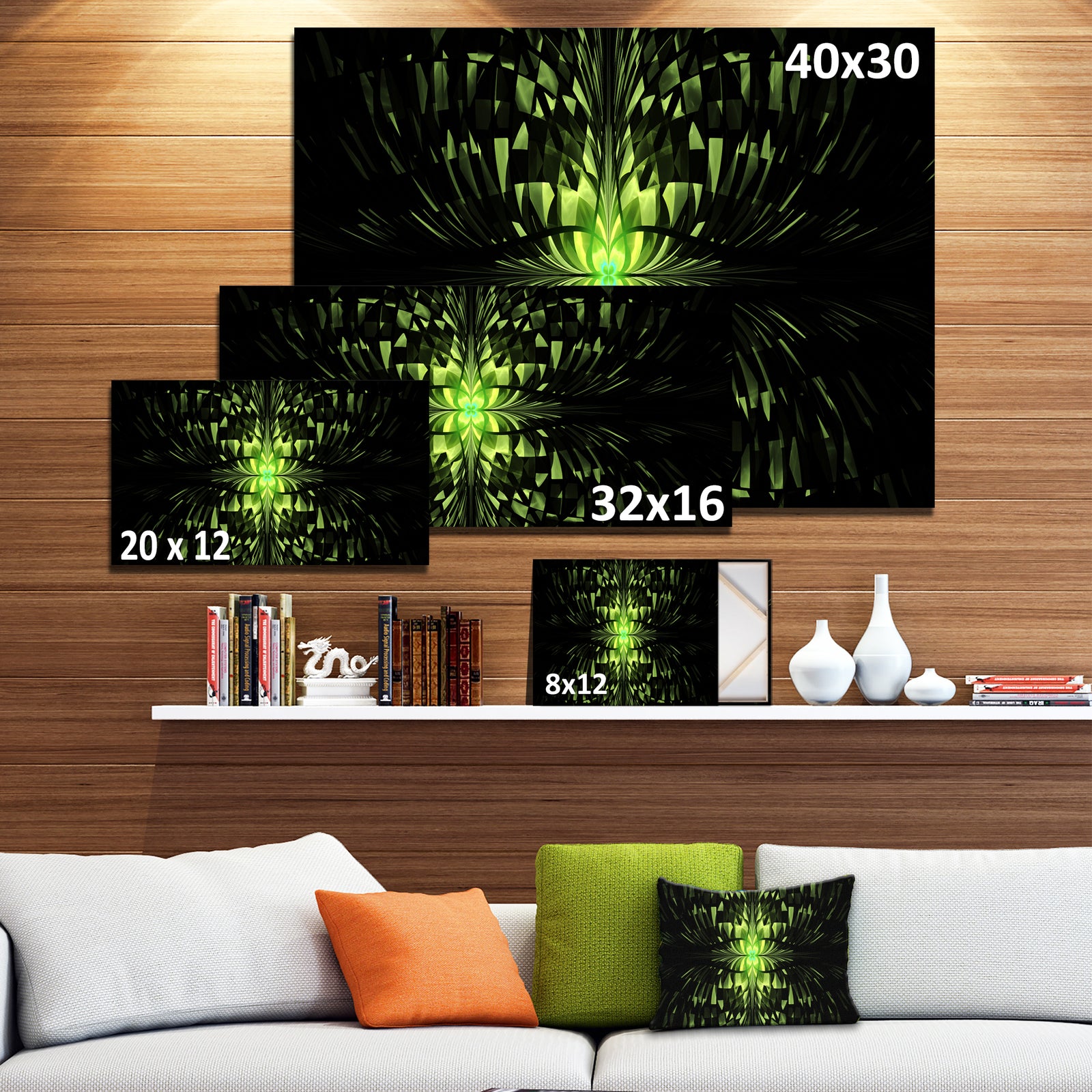 Green Butterfly Pattern on Black - Extra Large Abstract Canvas Art Print Canvas