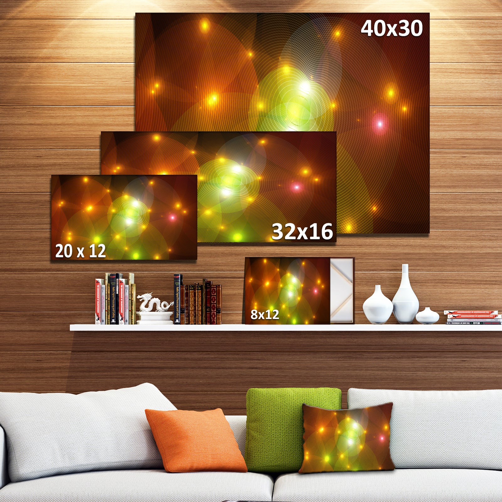 Golden Fractal Lights in Fog - Extra Large Abstract Canvas Art Print Canvas
