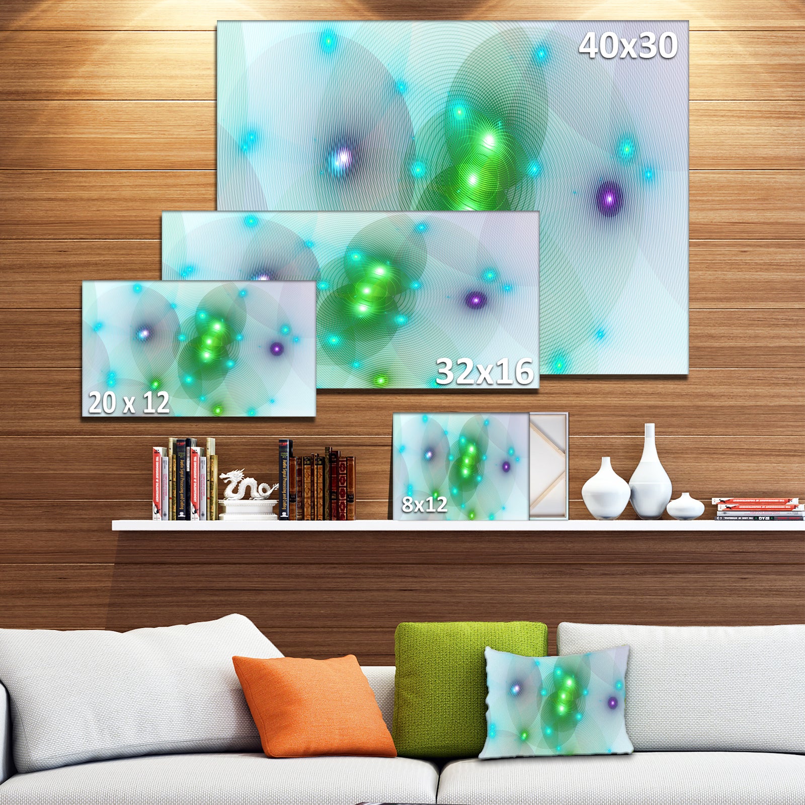 Green Fractal Lights in Fog - Extra Large Abstract Canvas Art Print Canvas