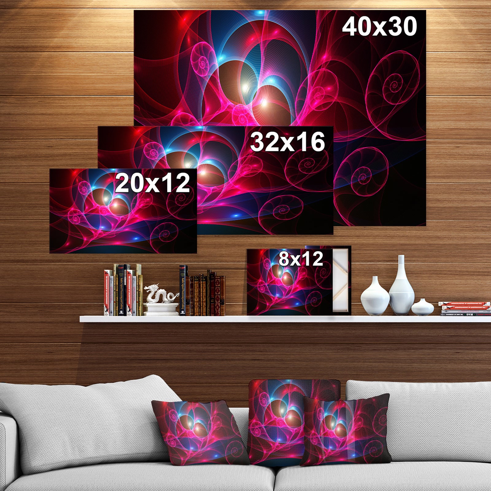 Pink Curly Spiral on Black - Extra Large Abstract Canvas Wall Art