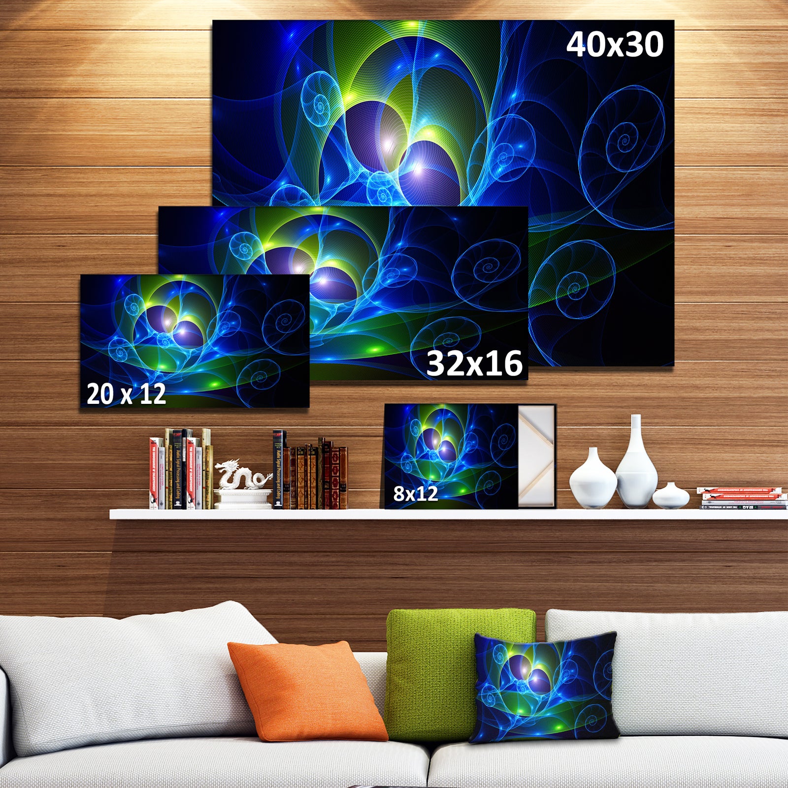 Blue Curly Spiral on Black - Extra Large Abstract Canvas Wall Art