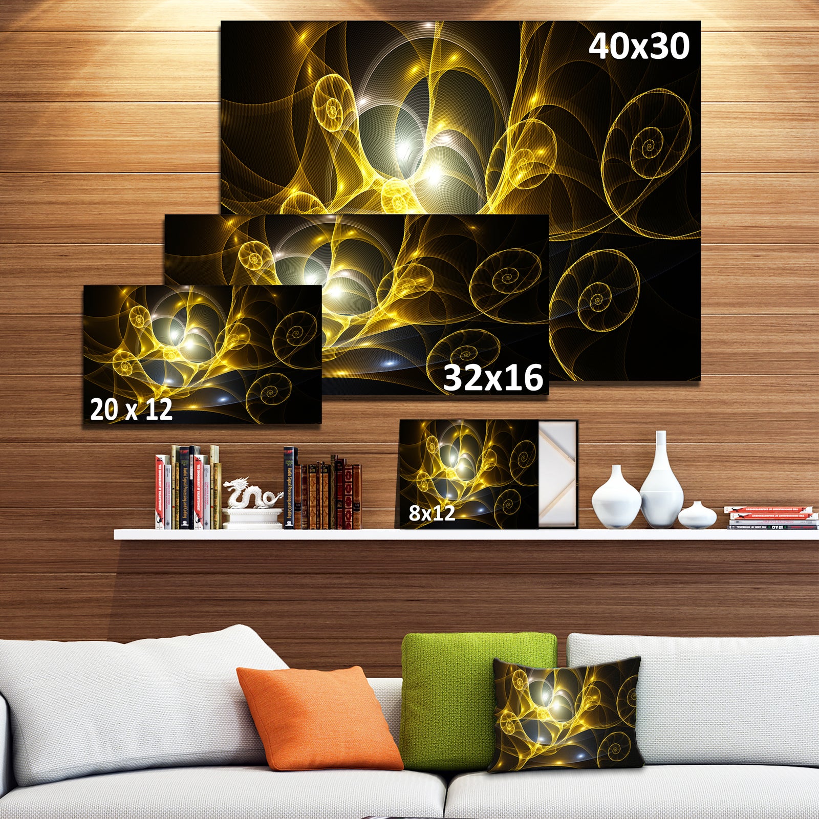 Golden Curly Spiral on Black - Extra Large Abstract Canvas Wall Art