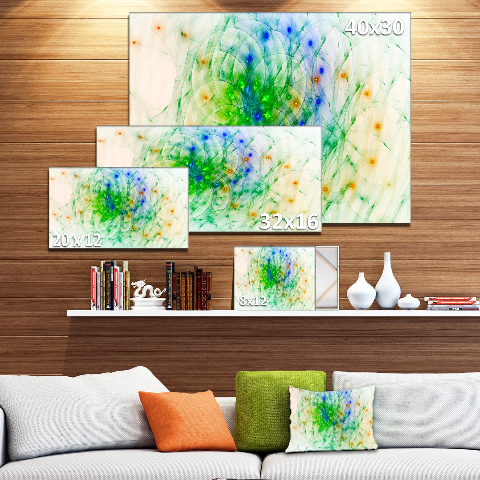 Green Outline of Fractal Colors - Extra Large Abstract Canvas Wall Art