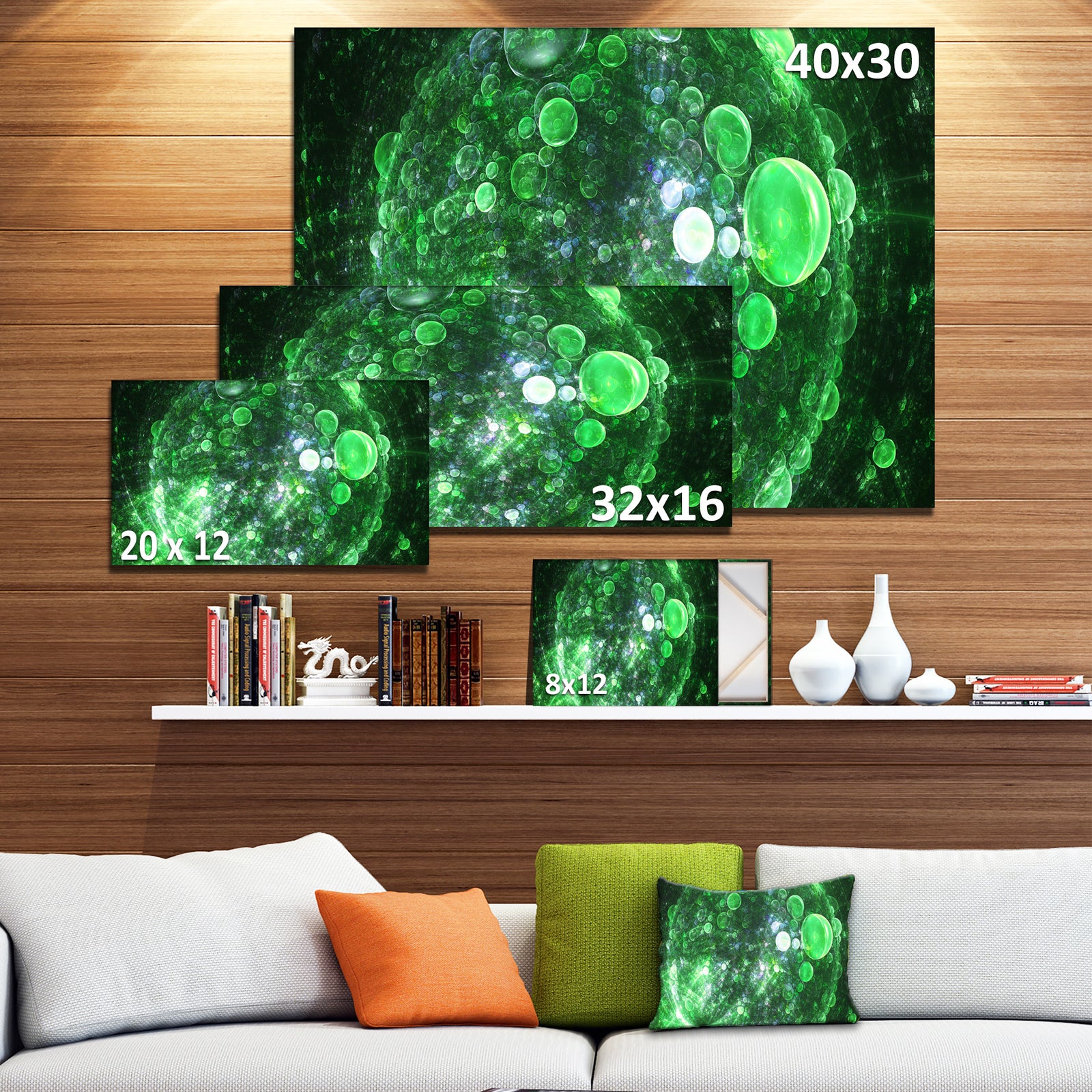 Green Fractal Planet of Bubbles - Extra Large Abstract Canvas Wall Art