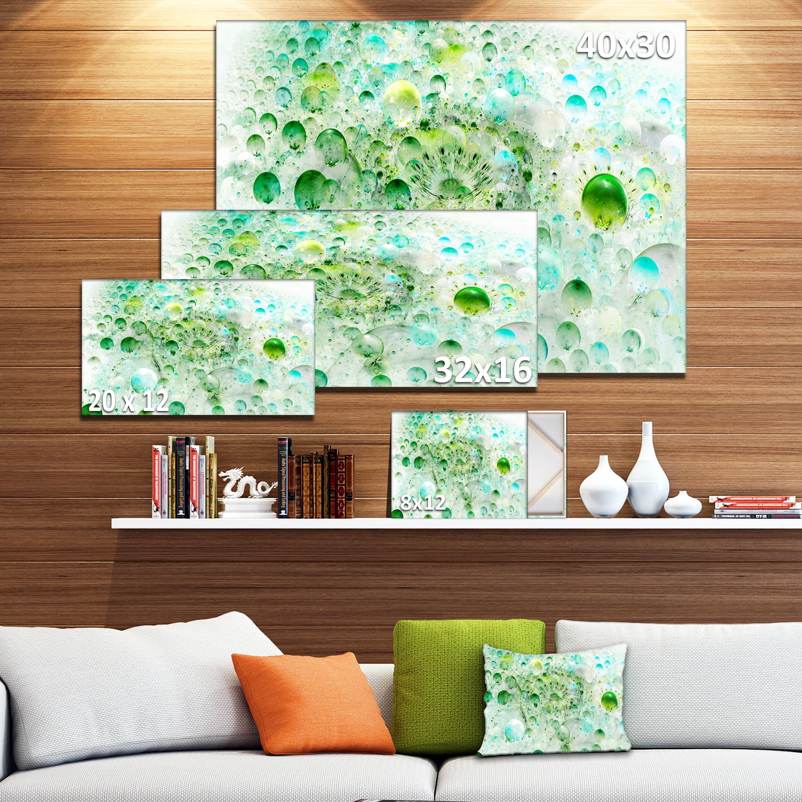 Green Blue Fractal Molecules - Extra Large Abstract Canvas Wall Art