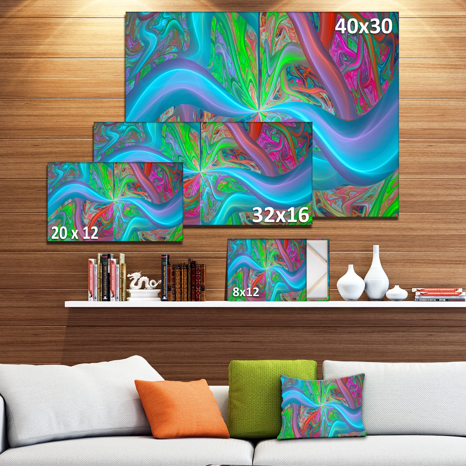 Blue Green Fractal Curves - Extra Large Canvas Art Print