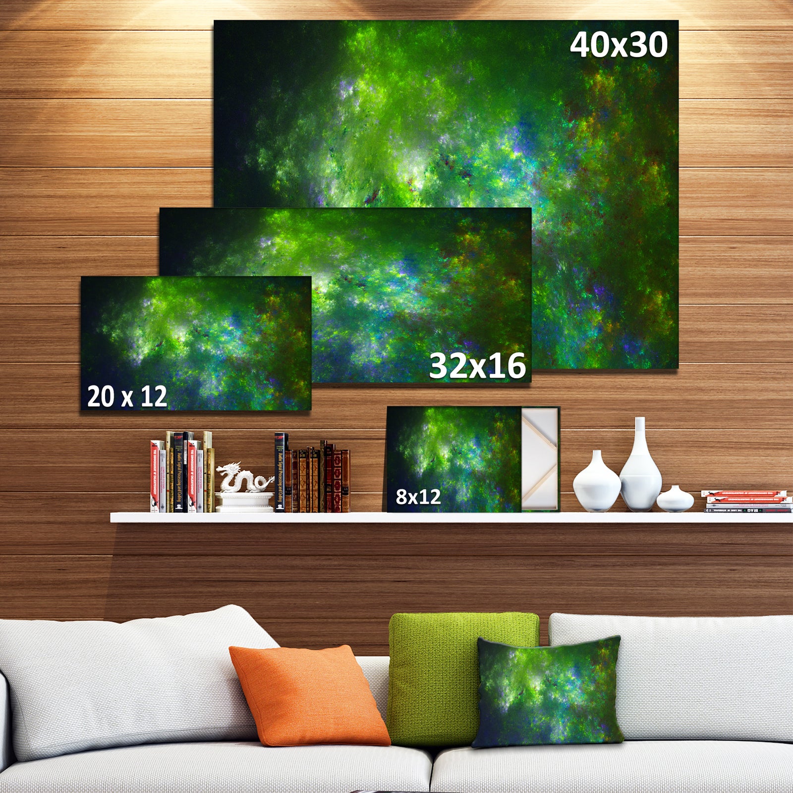 Green Fractal Sky with Blur Stars'Extra Large Abstract Canvas Art Print