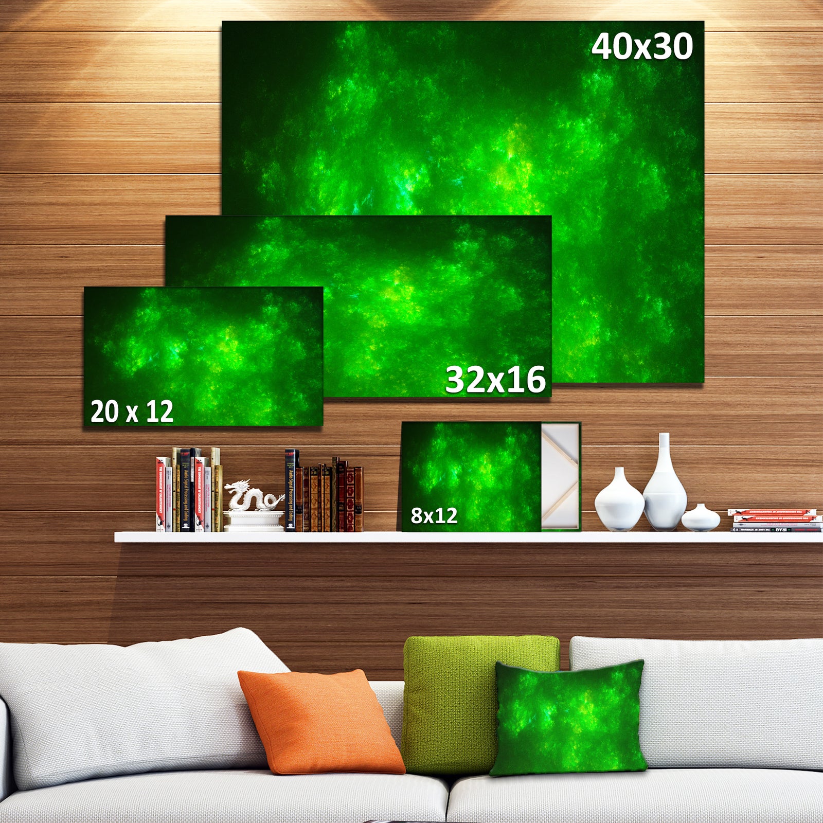 Bright Green Fractal Sky with Stars'Extra Large Abstract Canvas Art Print