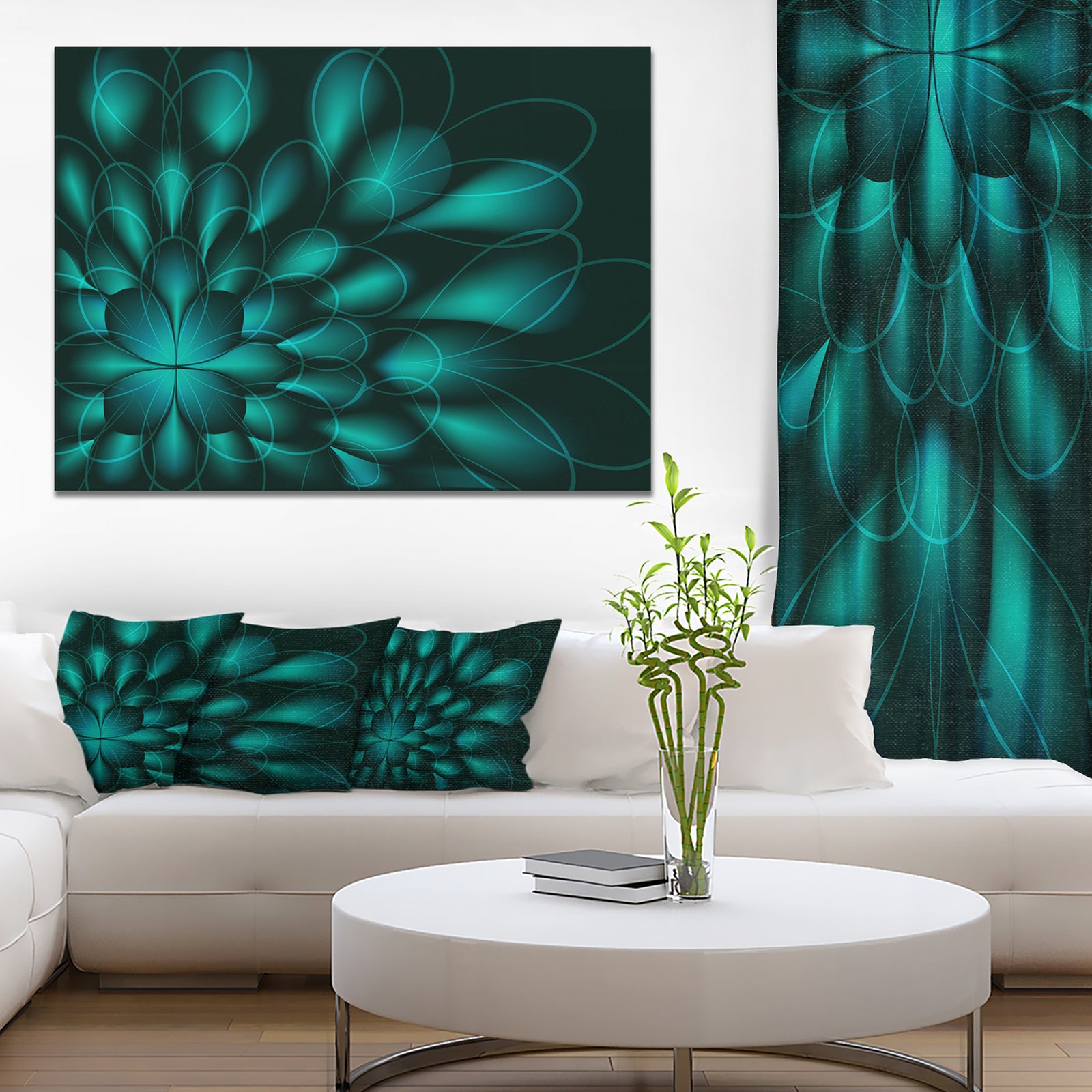Green Fractal Flower on Black'Extra Large Abstract Canvas Art Print