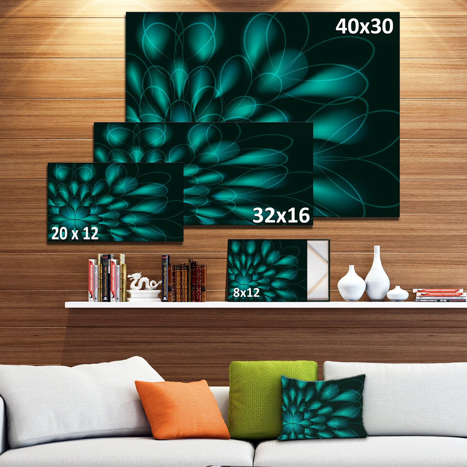 Green Fractal Flower on Black'Extra Large Abstract Canvas Art Print