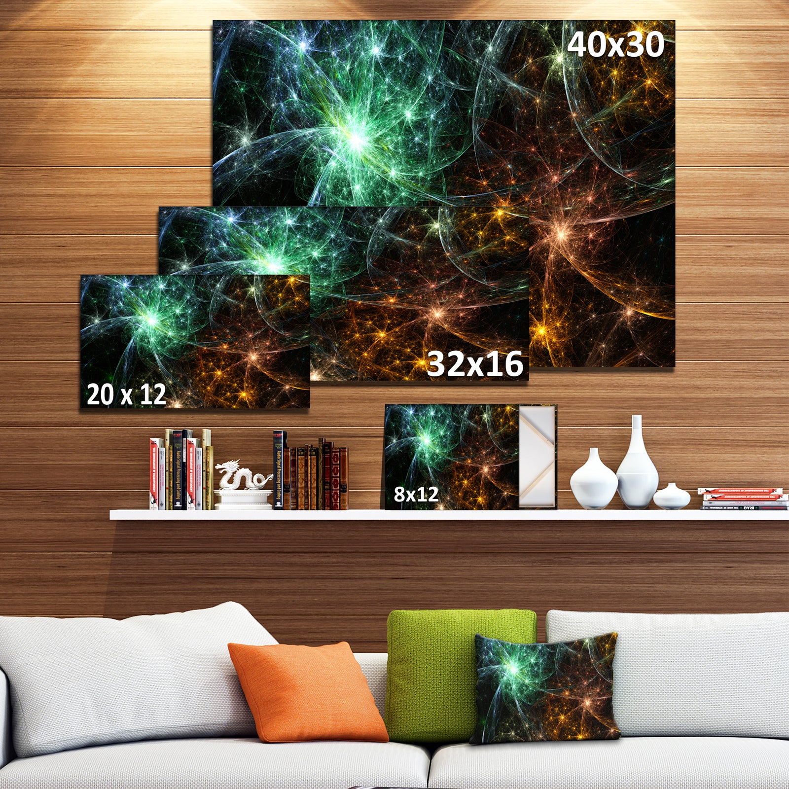 Green Orange Colorful Fireworks'Extra Large Abstract Canvas Art Print