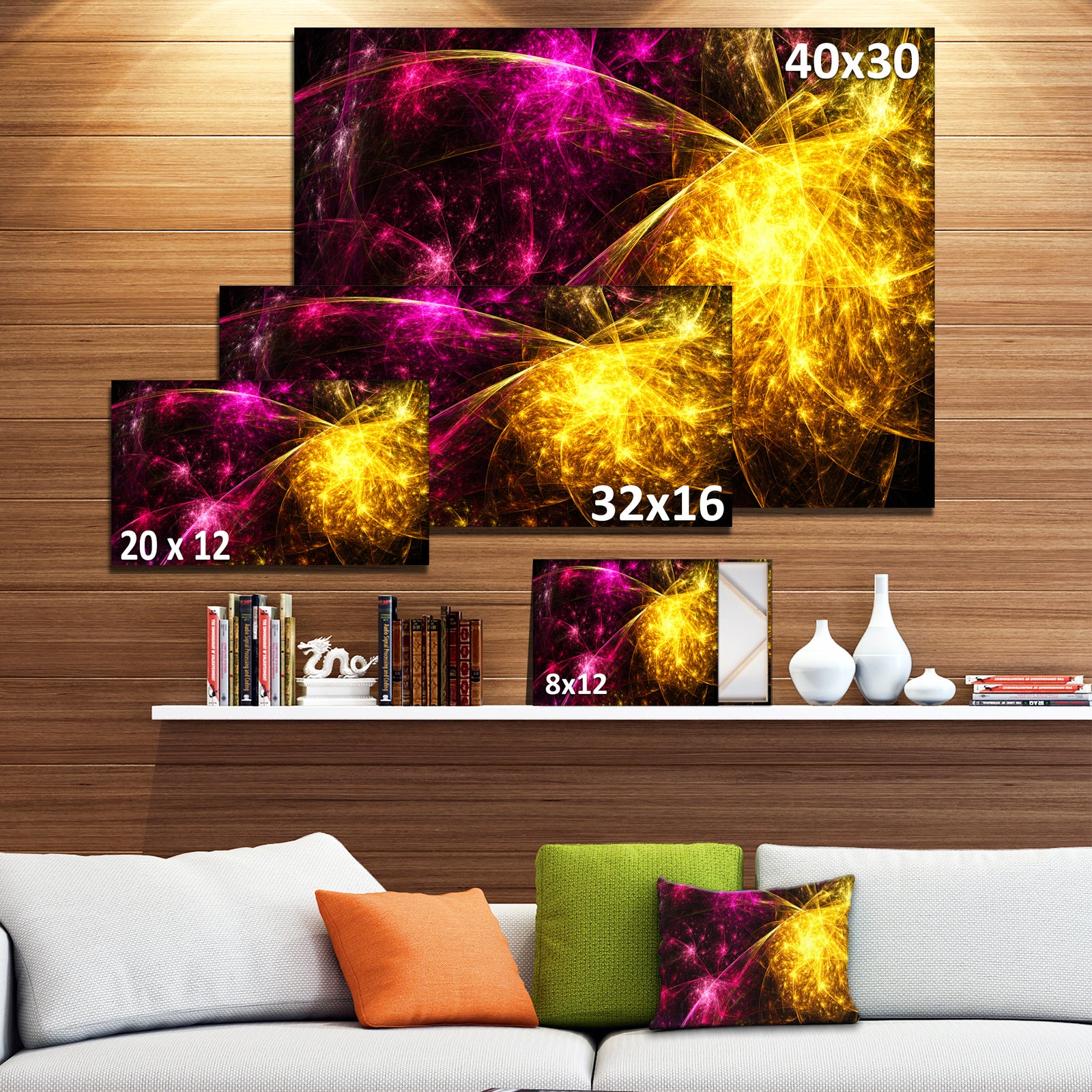 Yellow Pink Colorful Fireworks'Extra Large Abstract Canvas Art Print