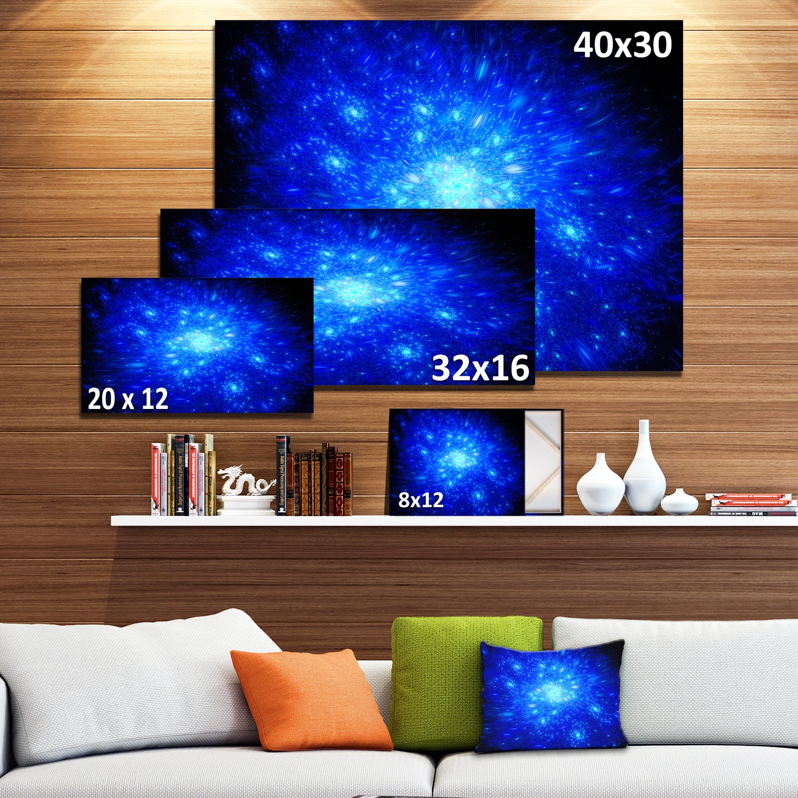 Blue Fireworks on Black - Extra Large Abstract Canvas Art Print
