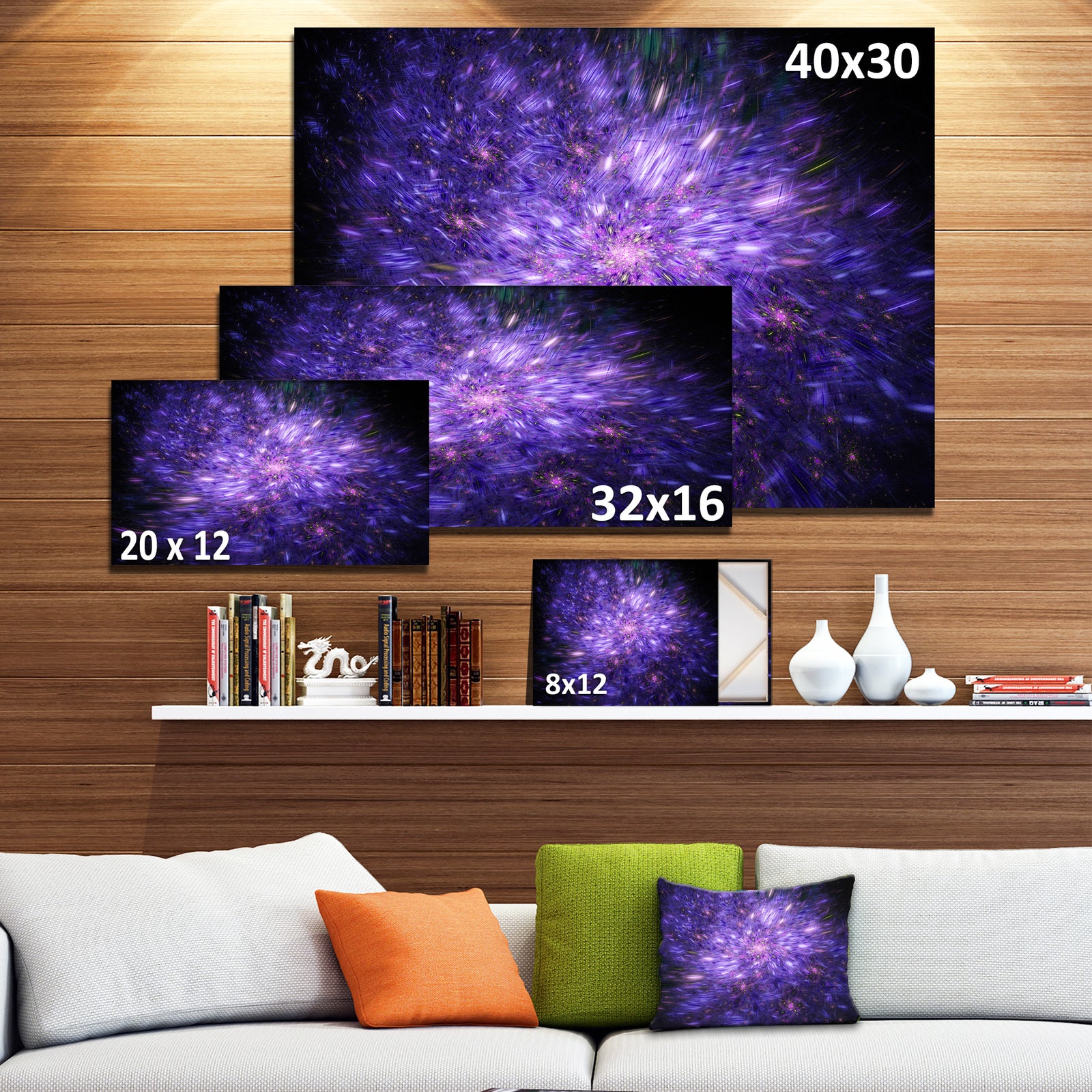 Purple Fireworks on Black - Extra Large Abstract Canvas Art Print