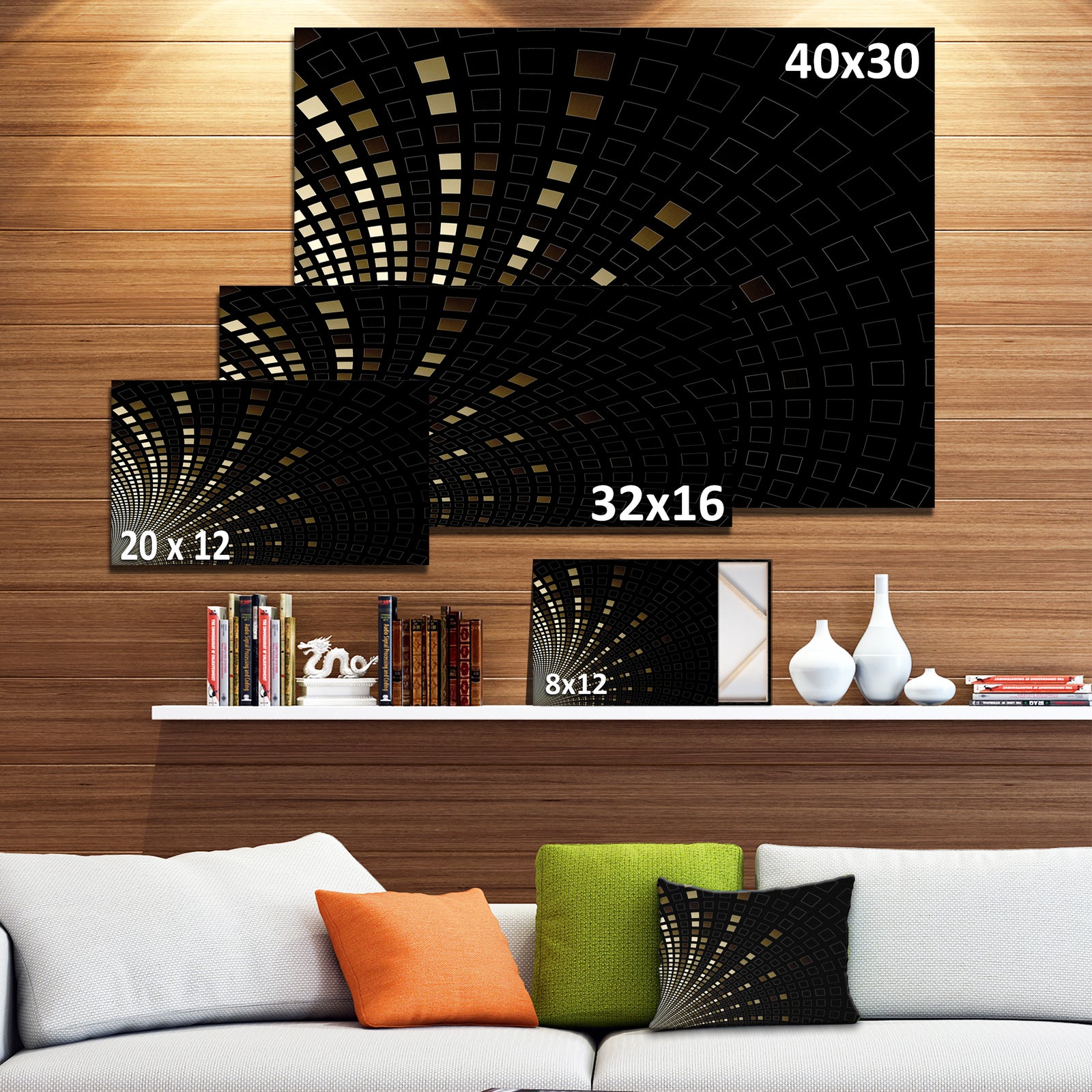 Gold Square Pixel Mosaic on Black - Extra Large Abstract Canvas Art Print
