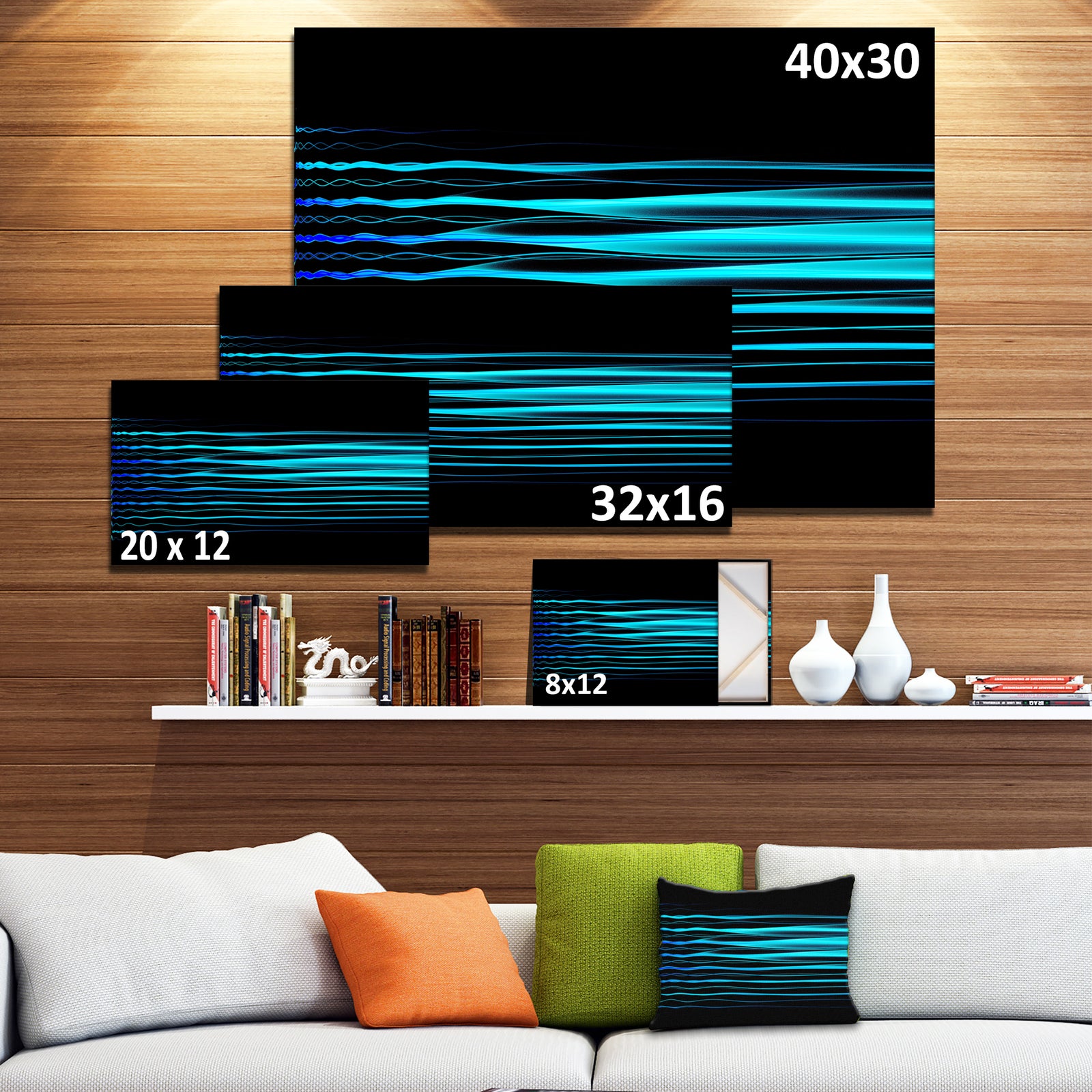 Blue Fractal Flames on Black - Extra Large Abstract Canvas Art Print