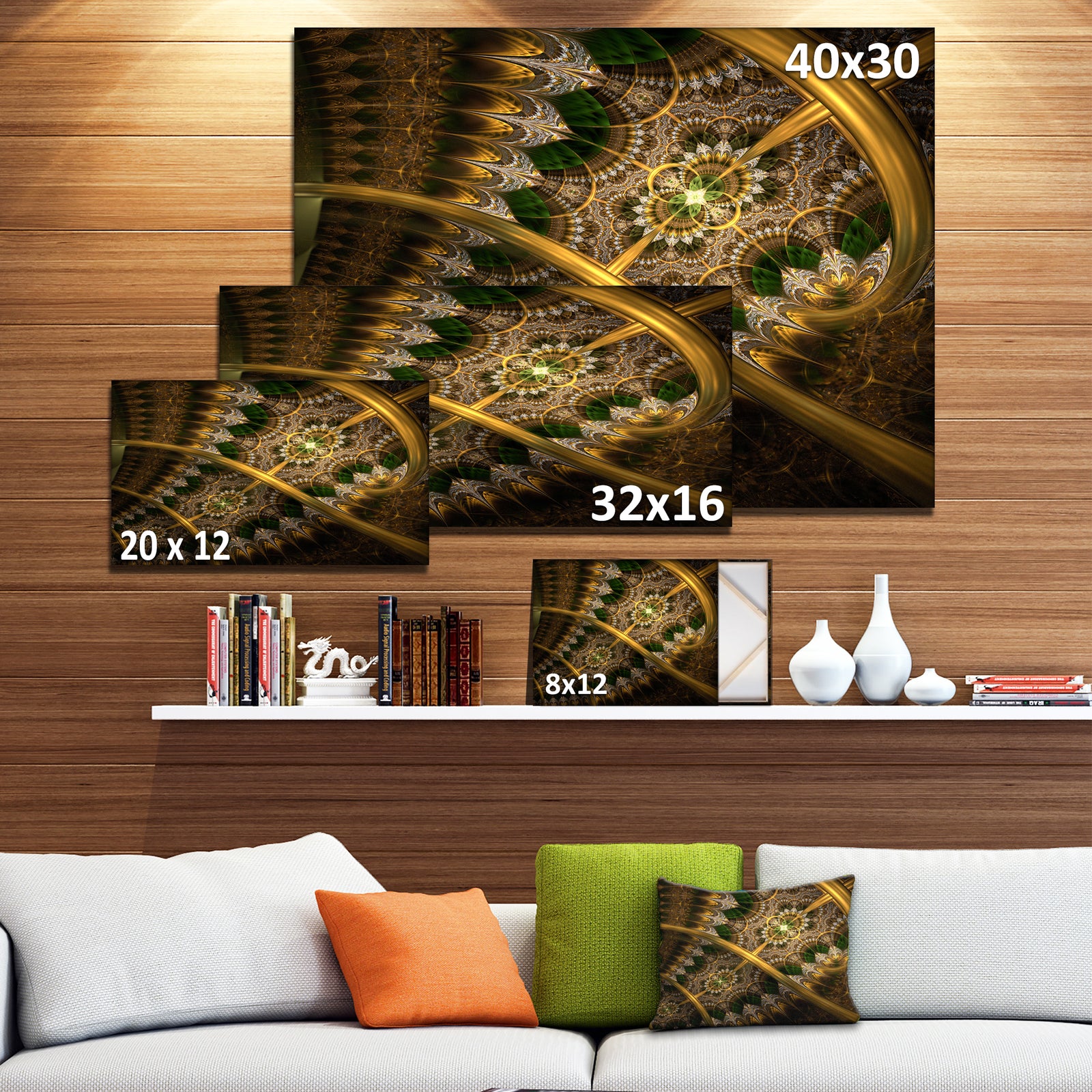 Dark Green Gold Fractal Flower - Abstract Wall Art Canvas