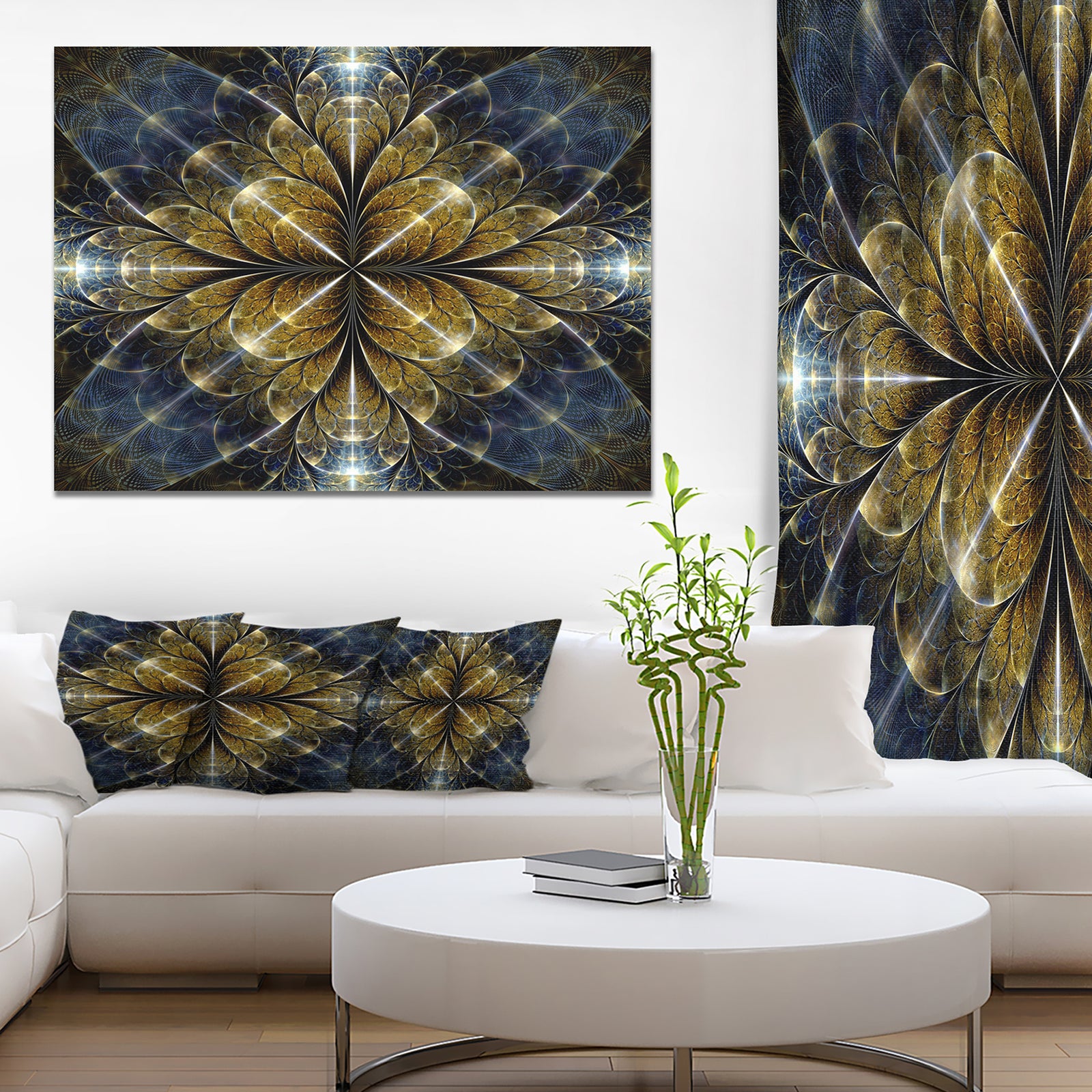 Digital Gold Fractal Flower Pattern - Abstract Wall Art Canvas