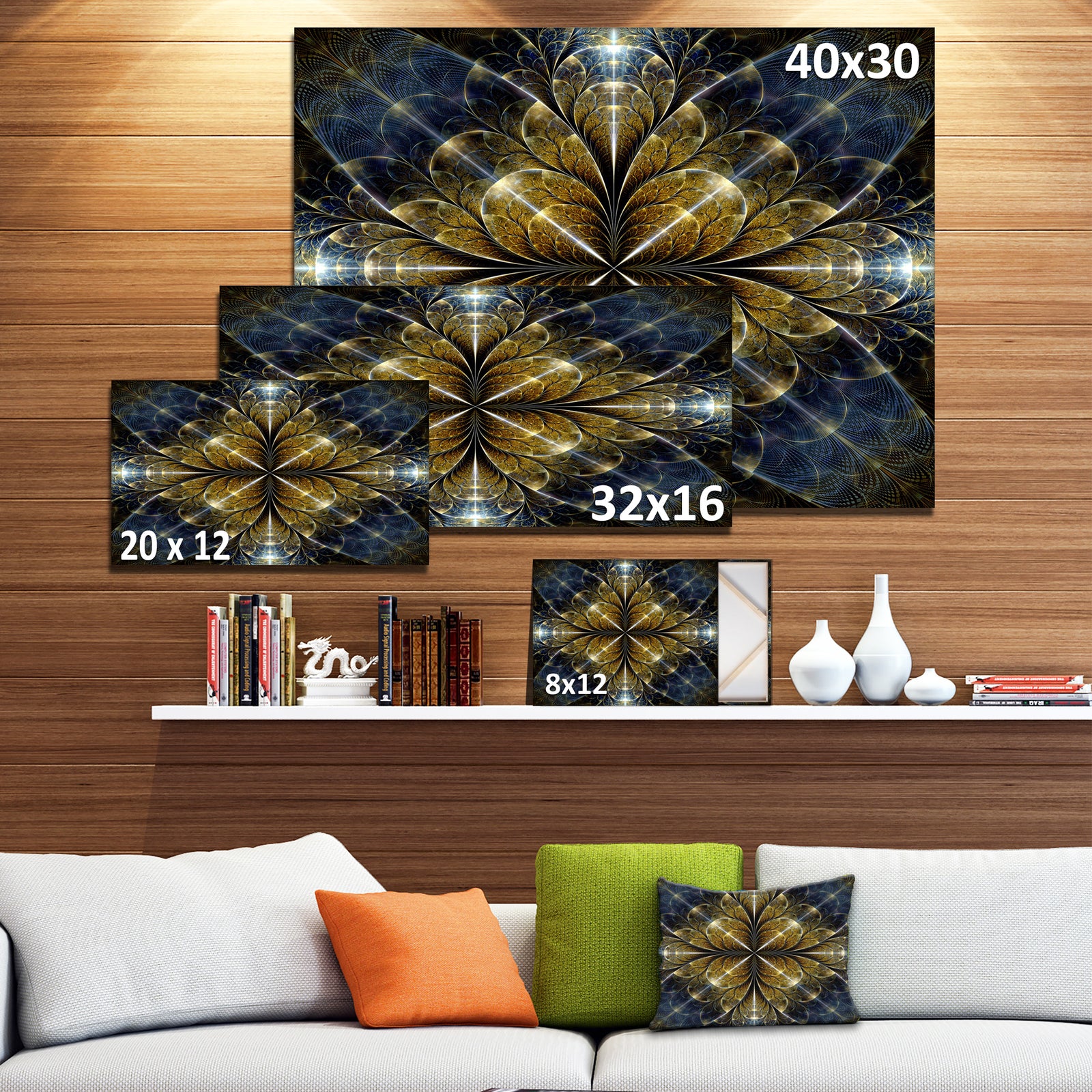 Digital Gold Fractal Flower Pattern - Abstract Wall Art Canvas
