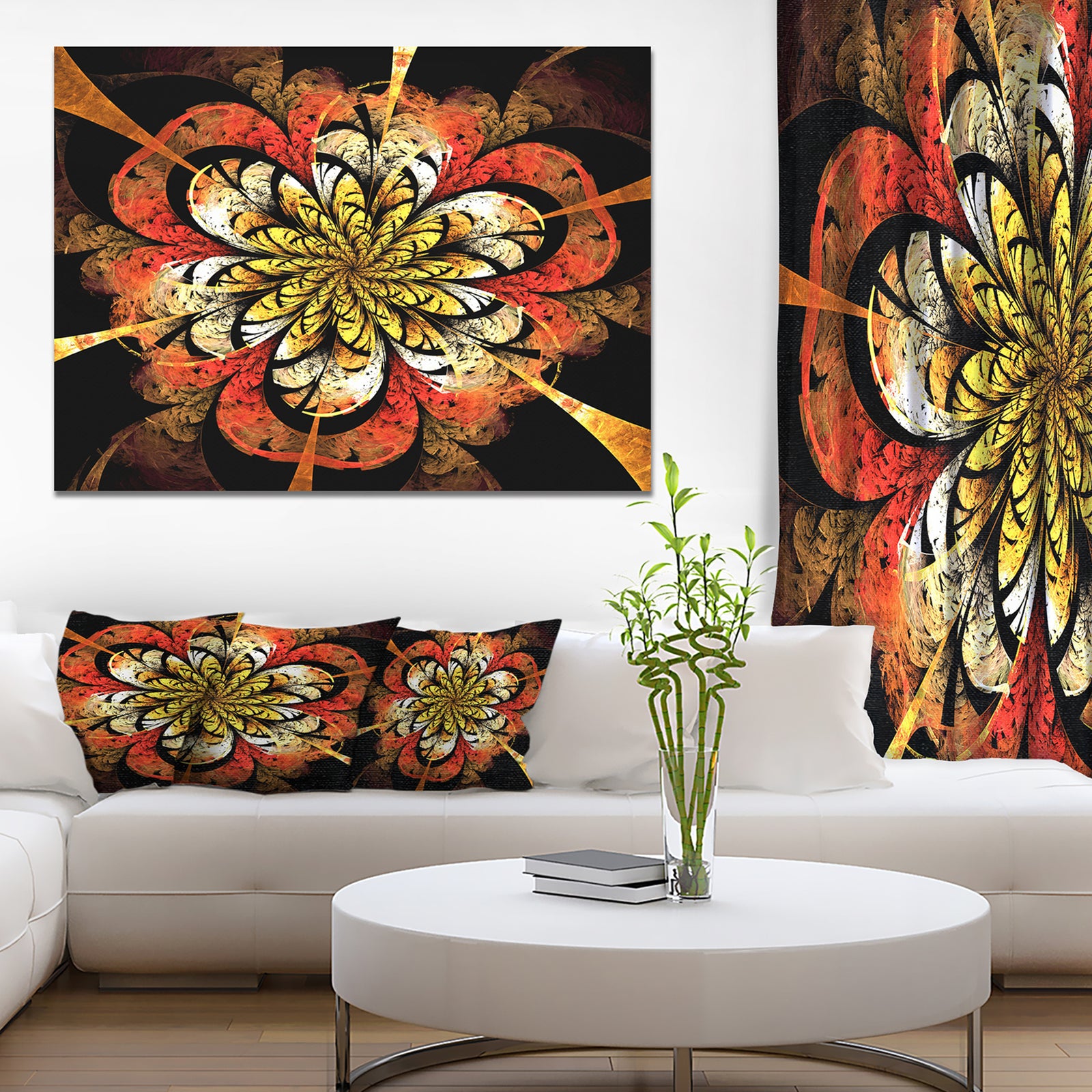 Dark Yellow Orange Fractal Flower'Extra Large Abstract Canvas Art Print