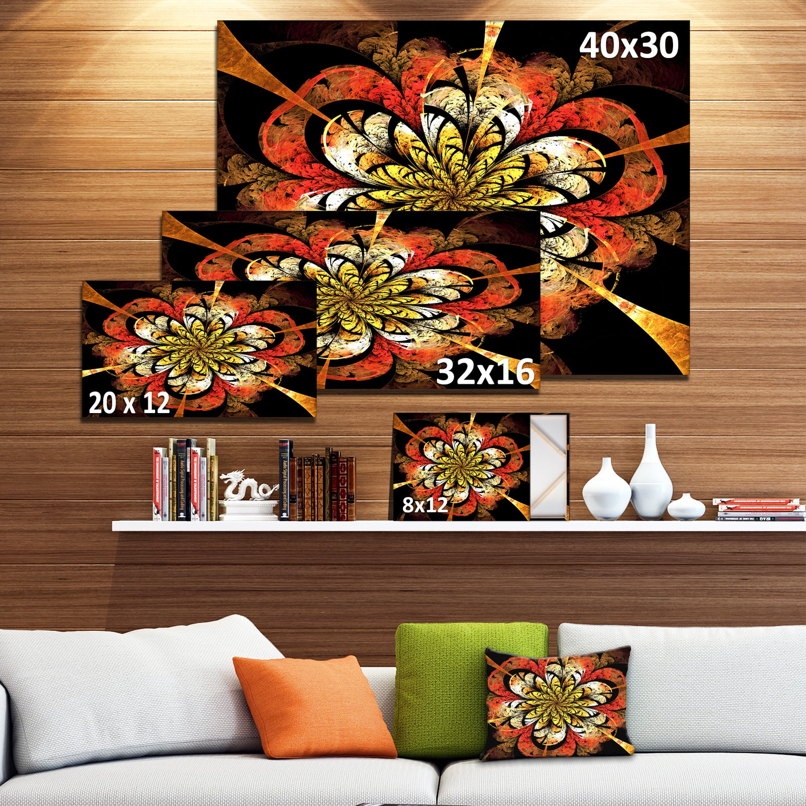 Dark Yellow Orange Fractal Flower'Extra Large Abstract Canvas Art Print