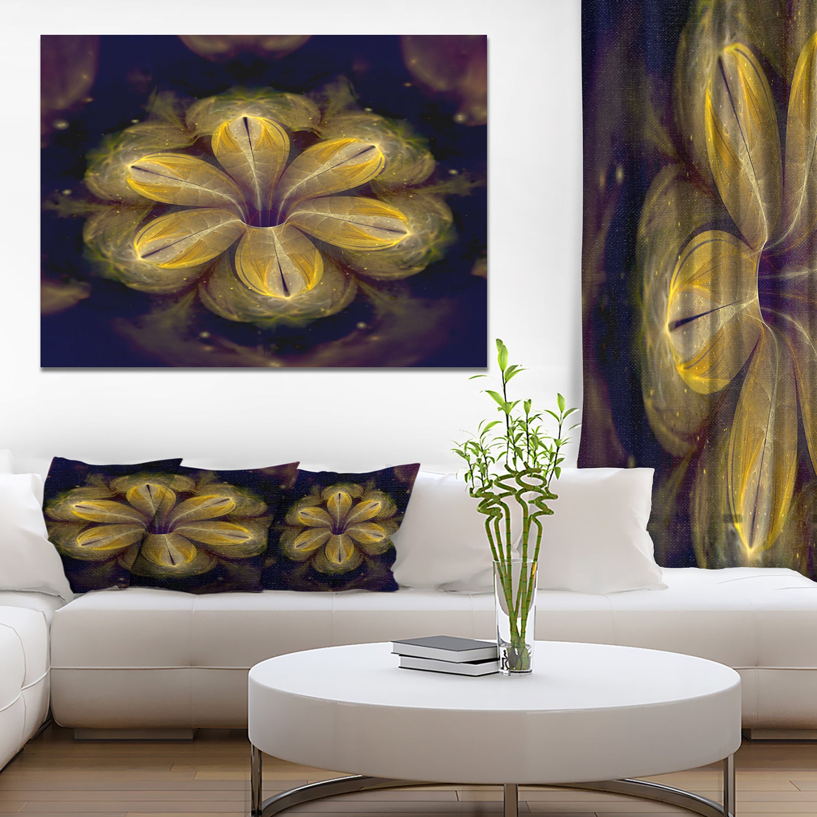 Black Yellow Fractal Flower Pattern - Abstract Artwork on Canvas