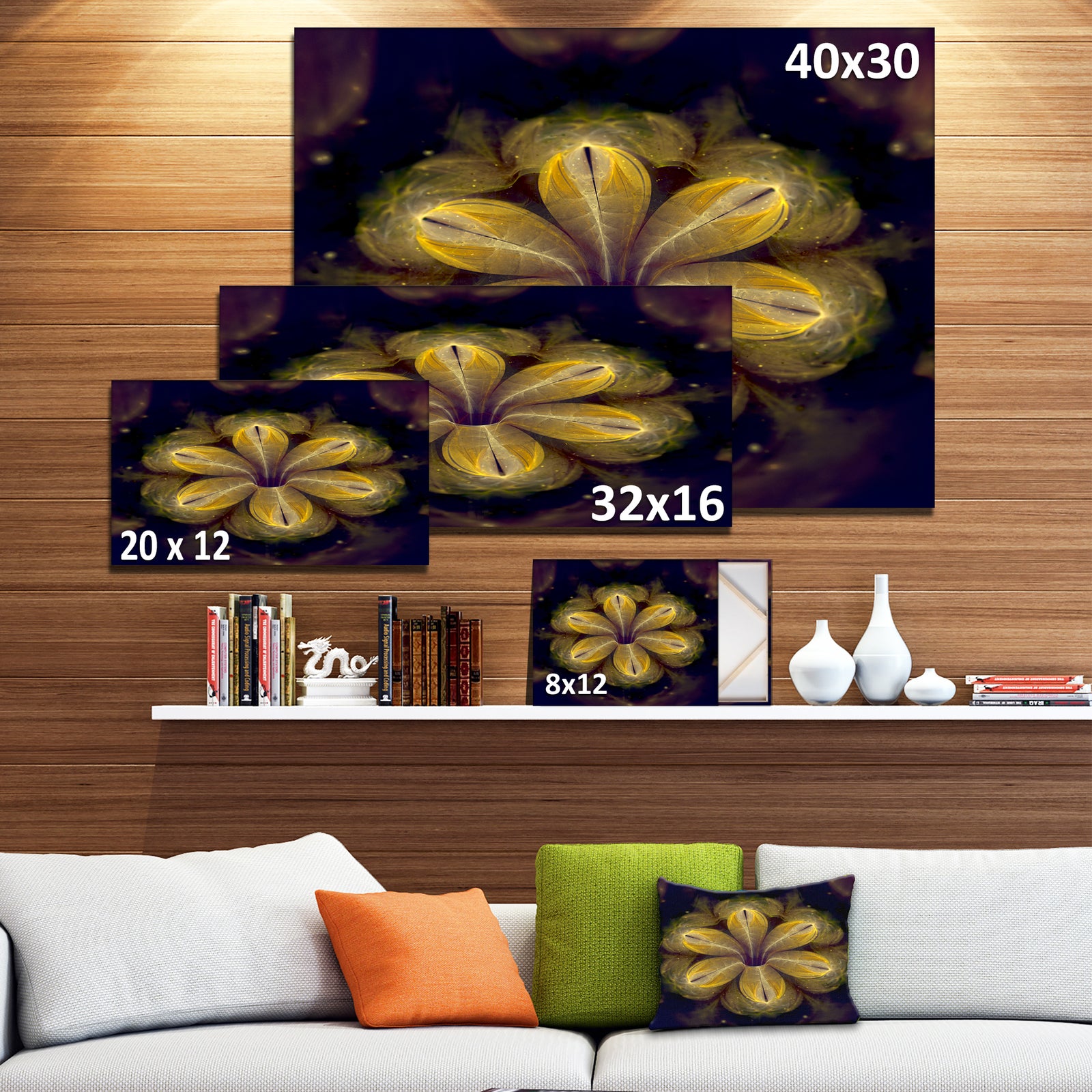 Black Yellow Fractal Flower Pattern - Abstract Artwork on Canvas