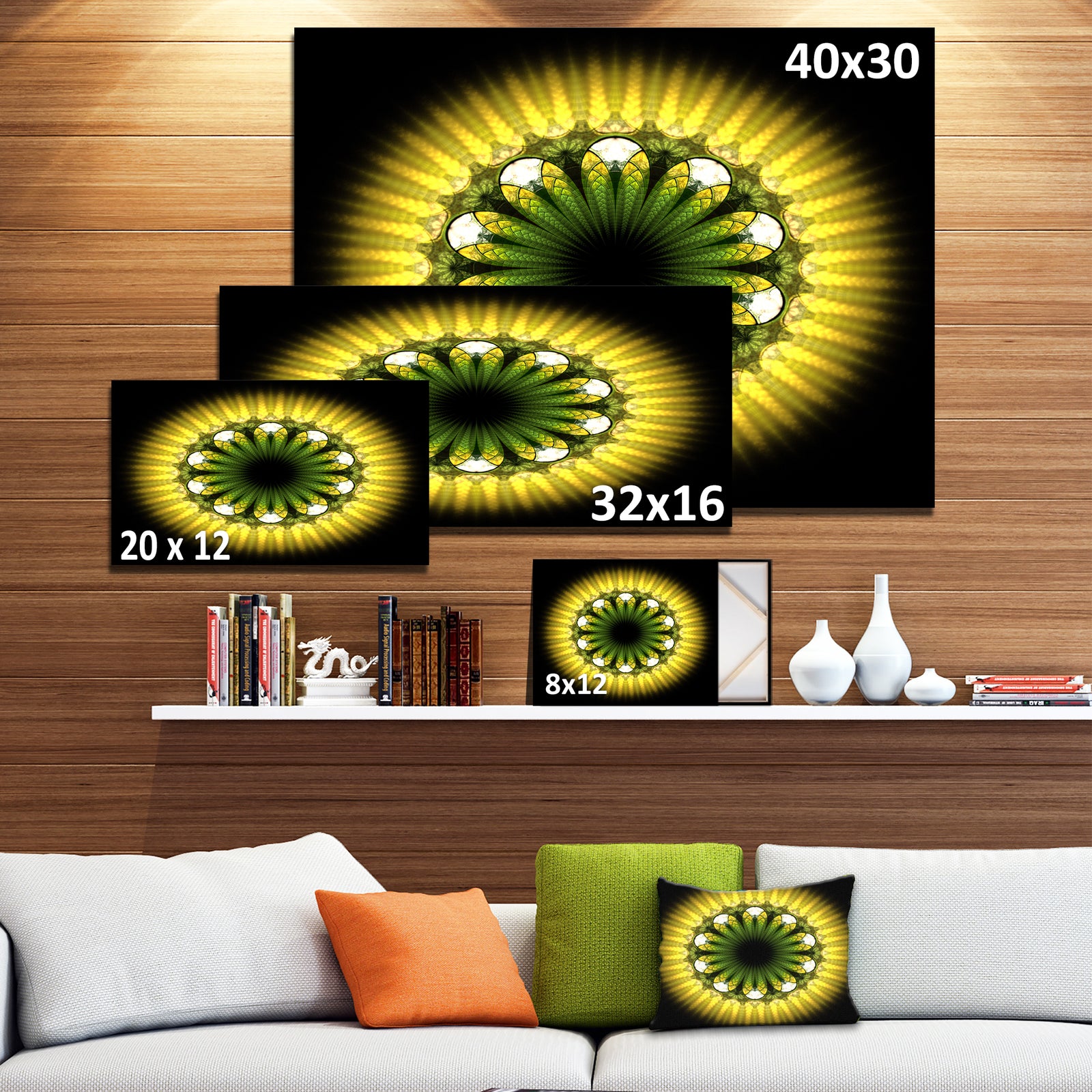 Black Yellow Fractal Flower Pattern - Abstract Wall Art on Canvas