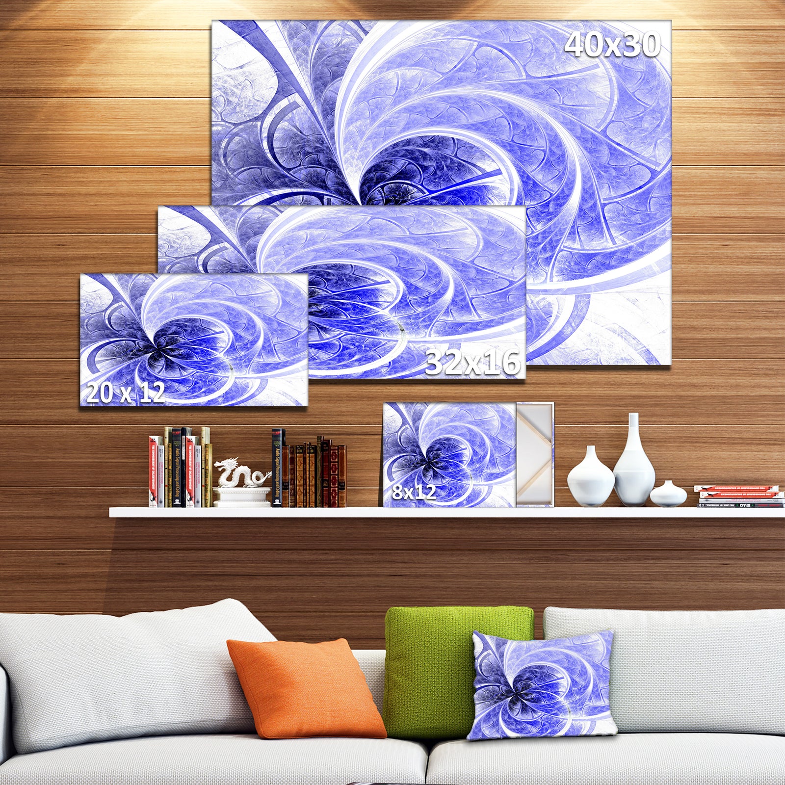 Blue Light Fractal Flower Pattern - Abstract Wall Art on Canvas