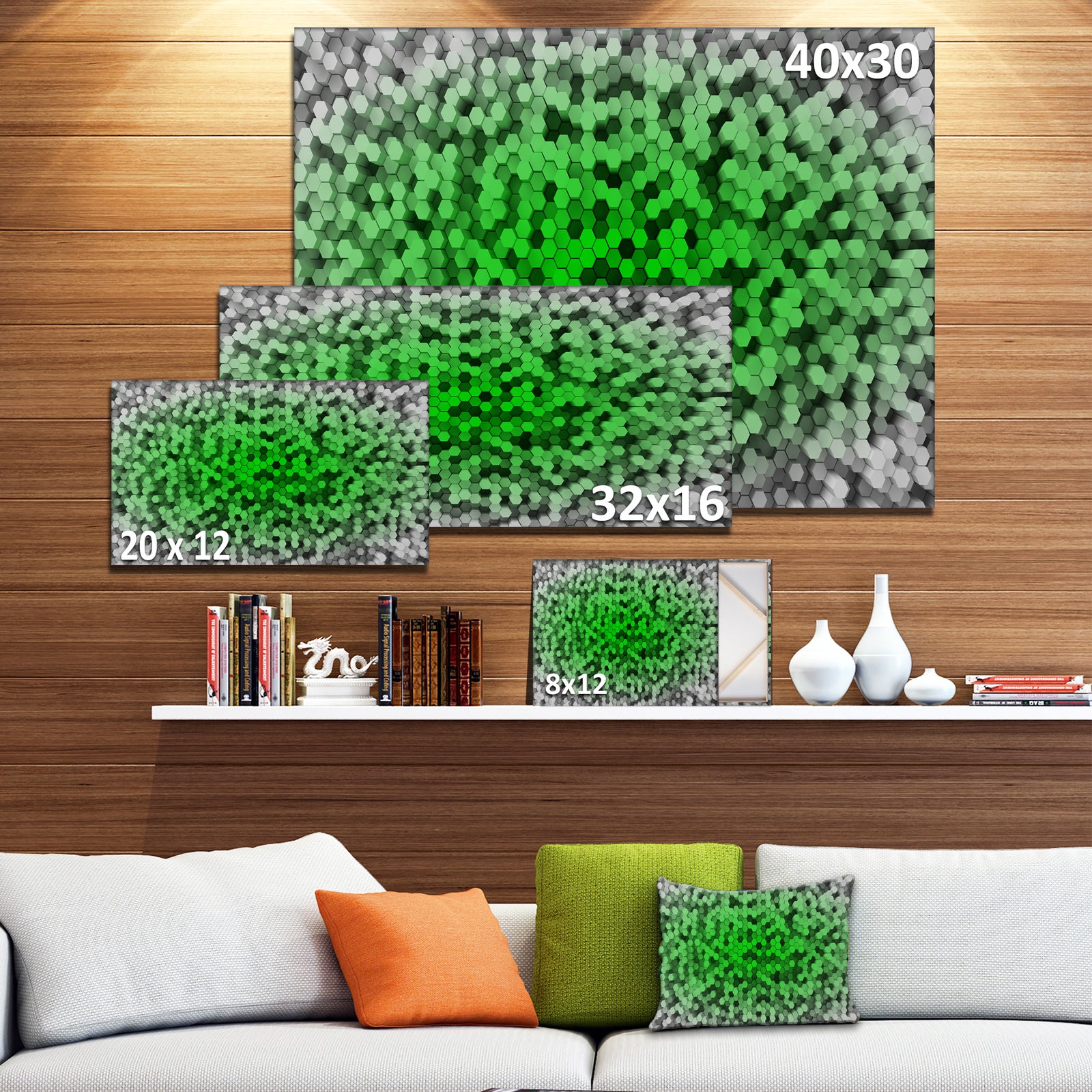 Random Elevated Green Hexagons'Extra Large Abstract Canvas Art Print