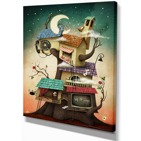 Colorful house on tree in Stary Night - Contemporary Art on wrapped Canvas