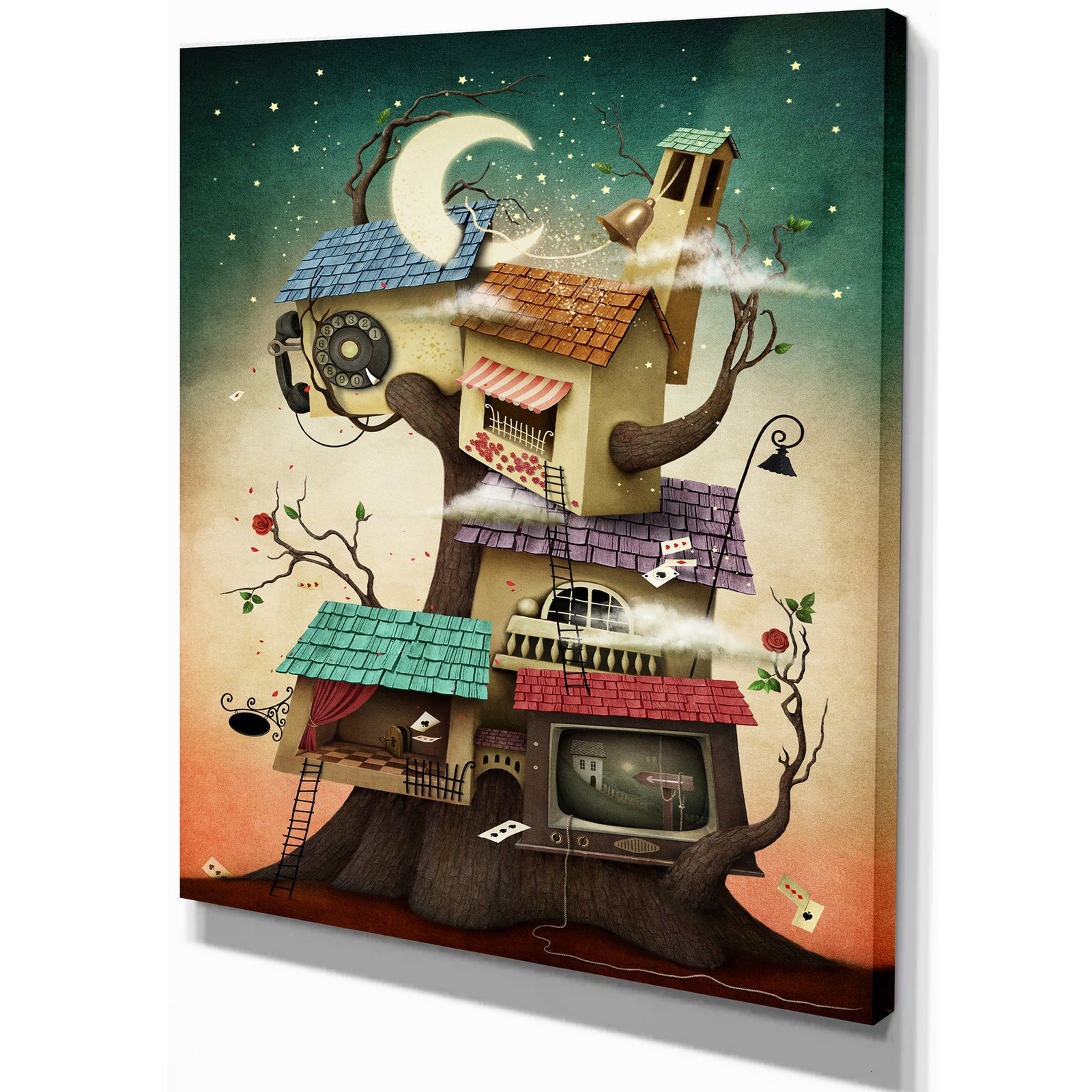 Colorful house on tree in Stary Night - Contemporary Art on wrapped Canvas