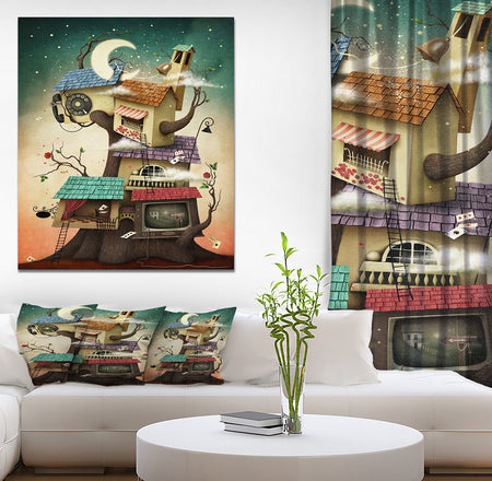 Colorful house on tree in Stary Night - Contemporary Art on wrapped Canvas