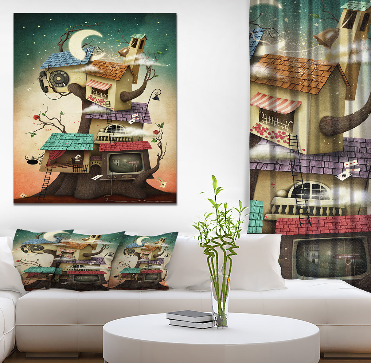 Colorful house on tree in Stary Night - Contemporary Art on wrapped Canvas