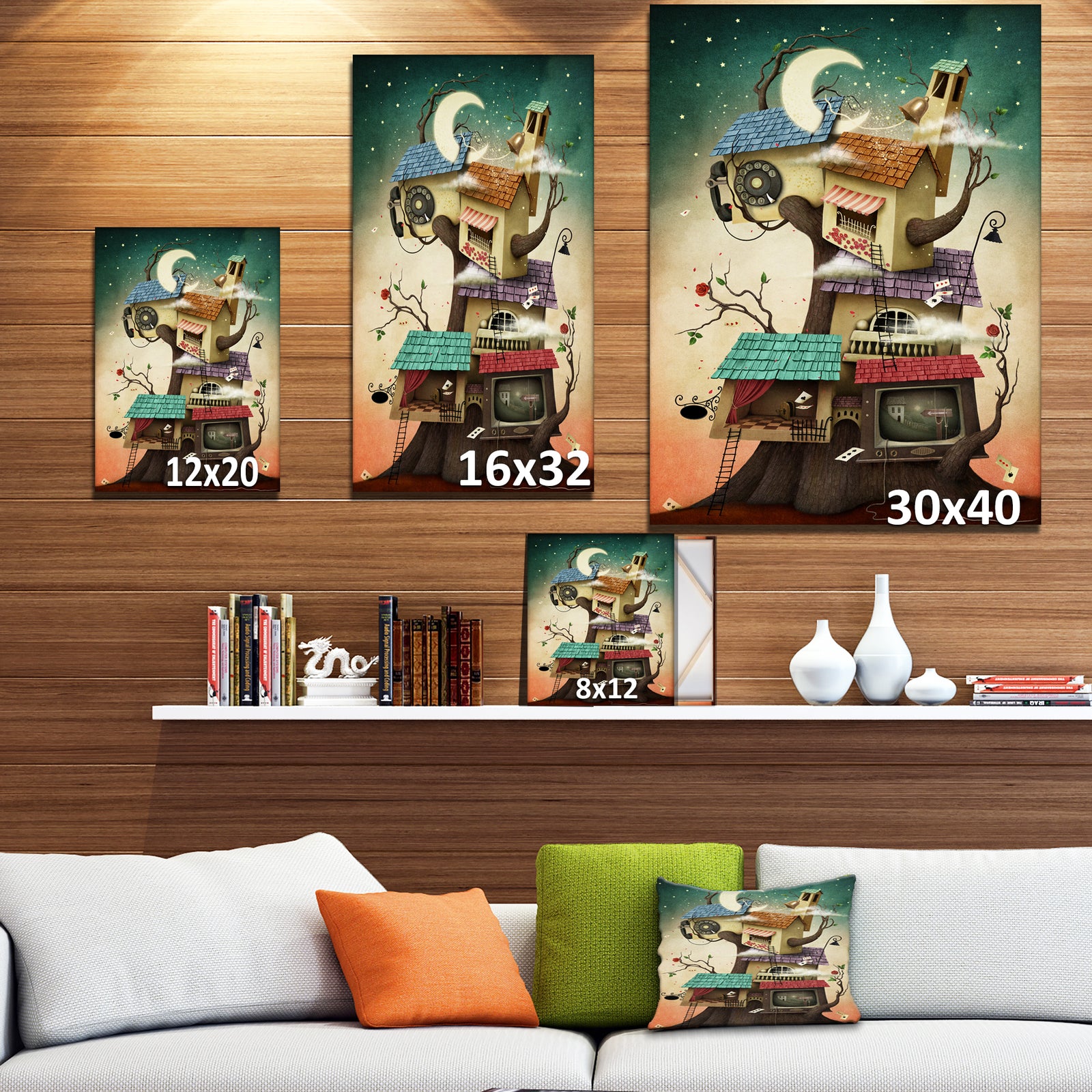 Colorful house on tree in Stary Night - Contemporary Art on wrapped Canvas