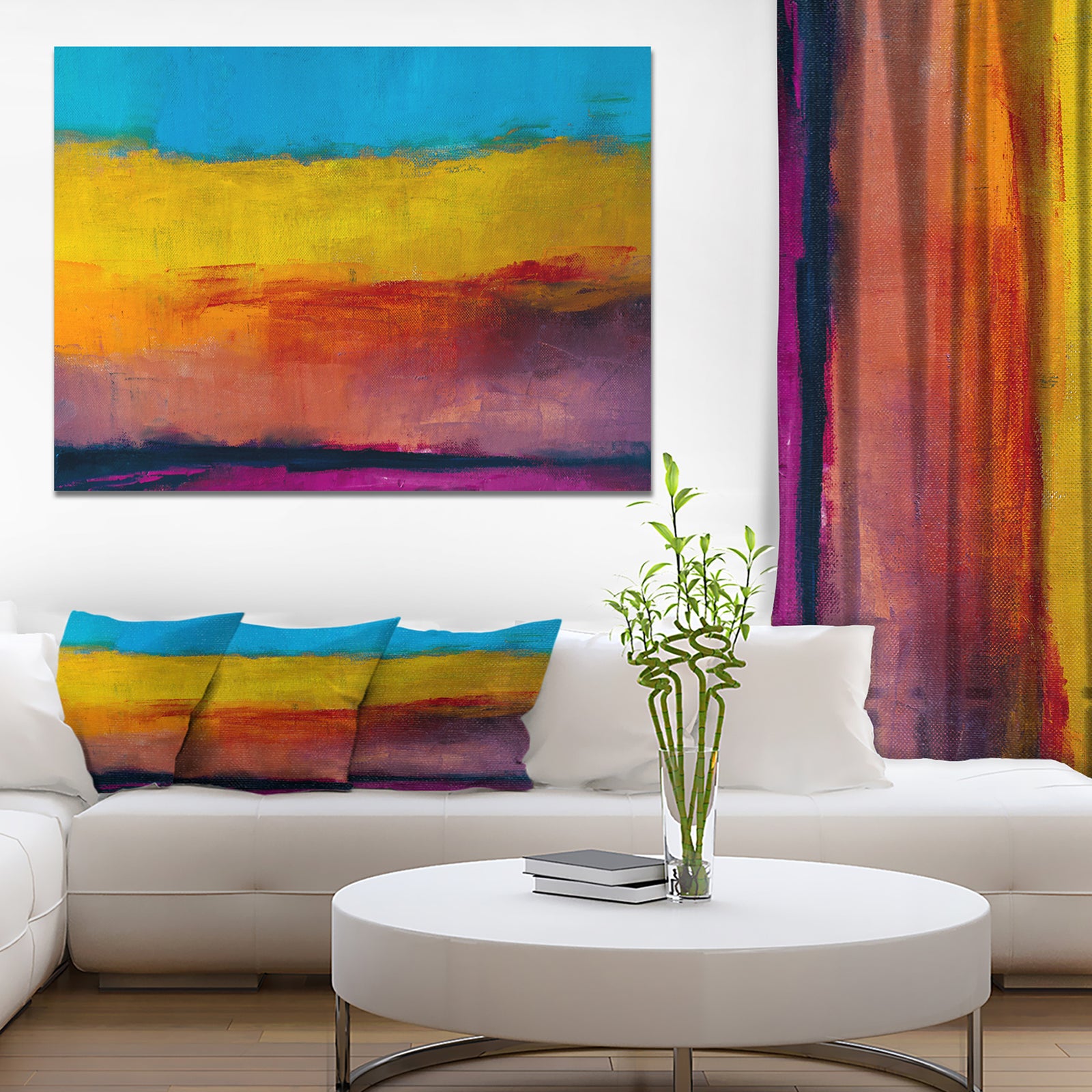 Yellow Blue Orange in Abstract Painting background - Contemporary Painting Print on Wrapped Canvas