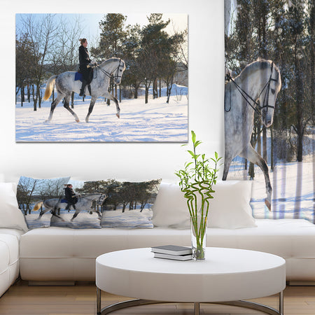 Girl on white dressage horse in winter f - Farmhouse Animals Photographic on wrapped Canvas