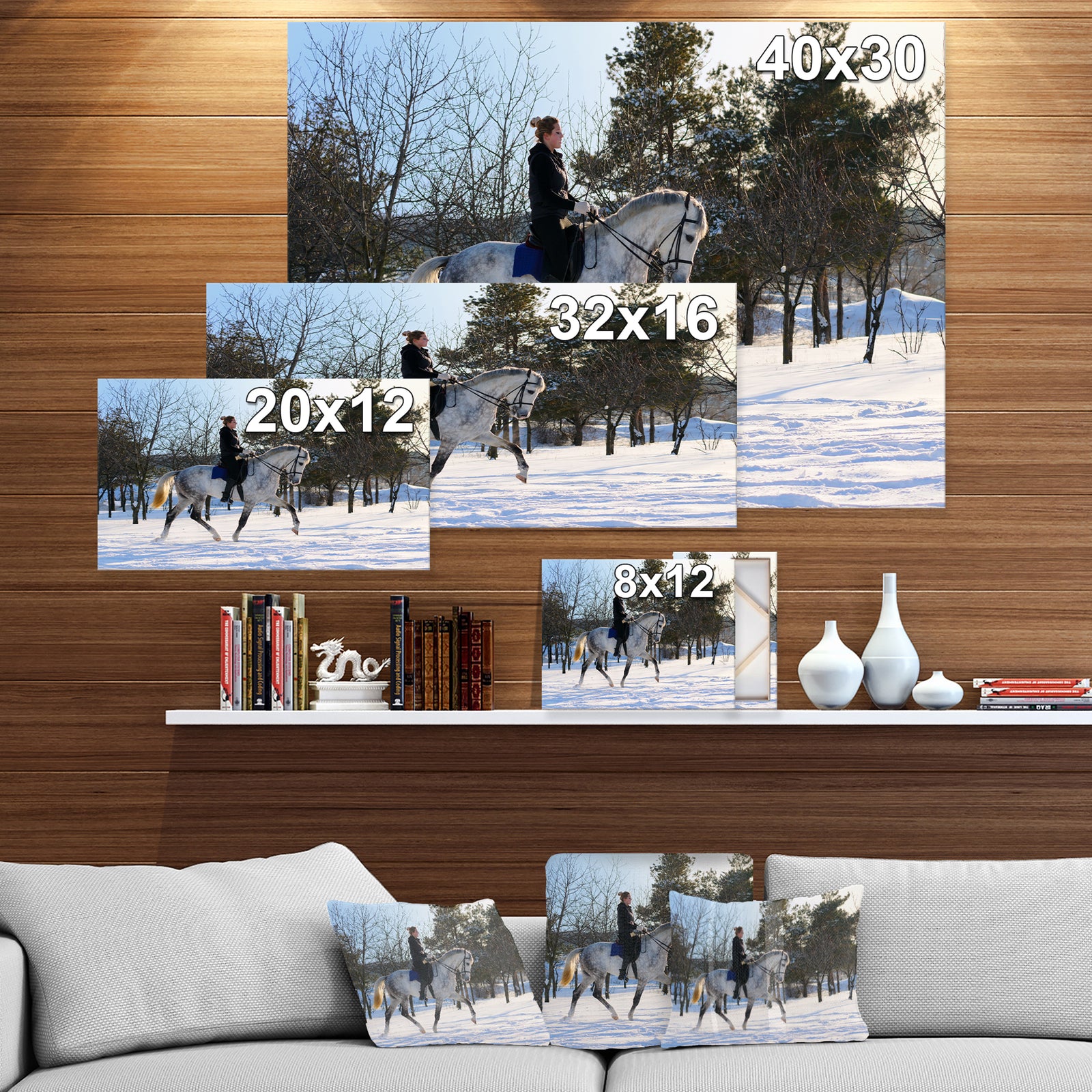 Girl on white dressage horse in winter f - Farmhouse Animals Photographic on wrapped Canvas