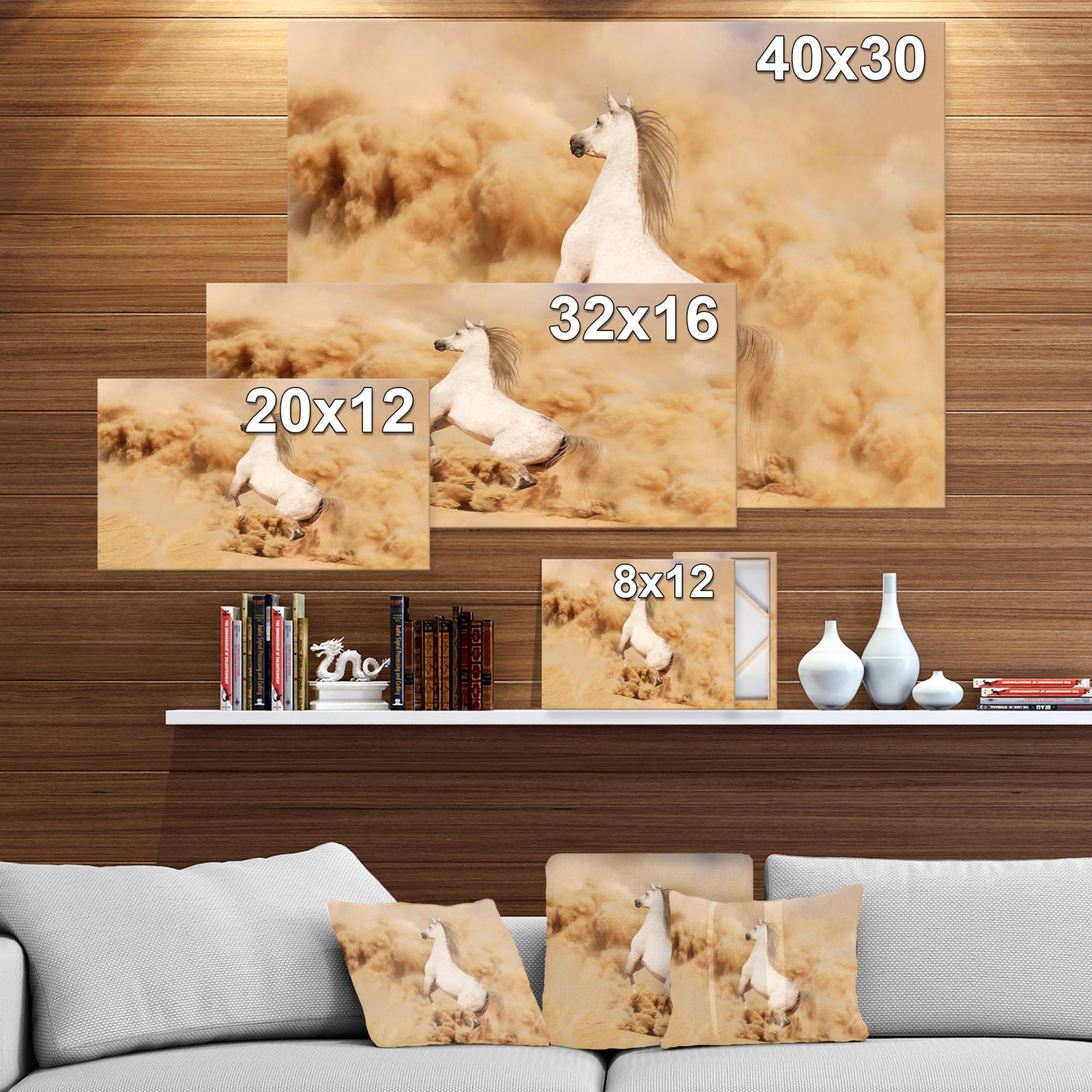 Purebred white arabian horse in desert - Farmhouse Animals Photographic on wrapped Canvas