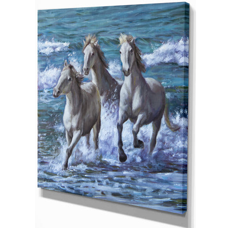 Three Horses Running in Seaside - Farmhouse Animal Painting Print on Wrapped Canvas