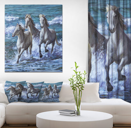 Three Horses Running in Seaside - Farmhouse Animal Painting Print on Wrapped Canvas