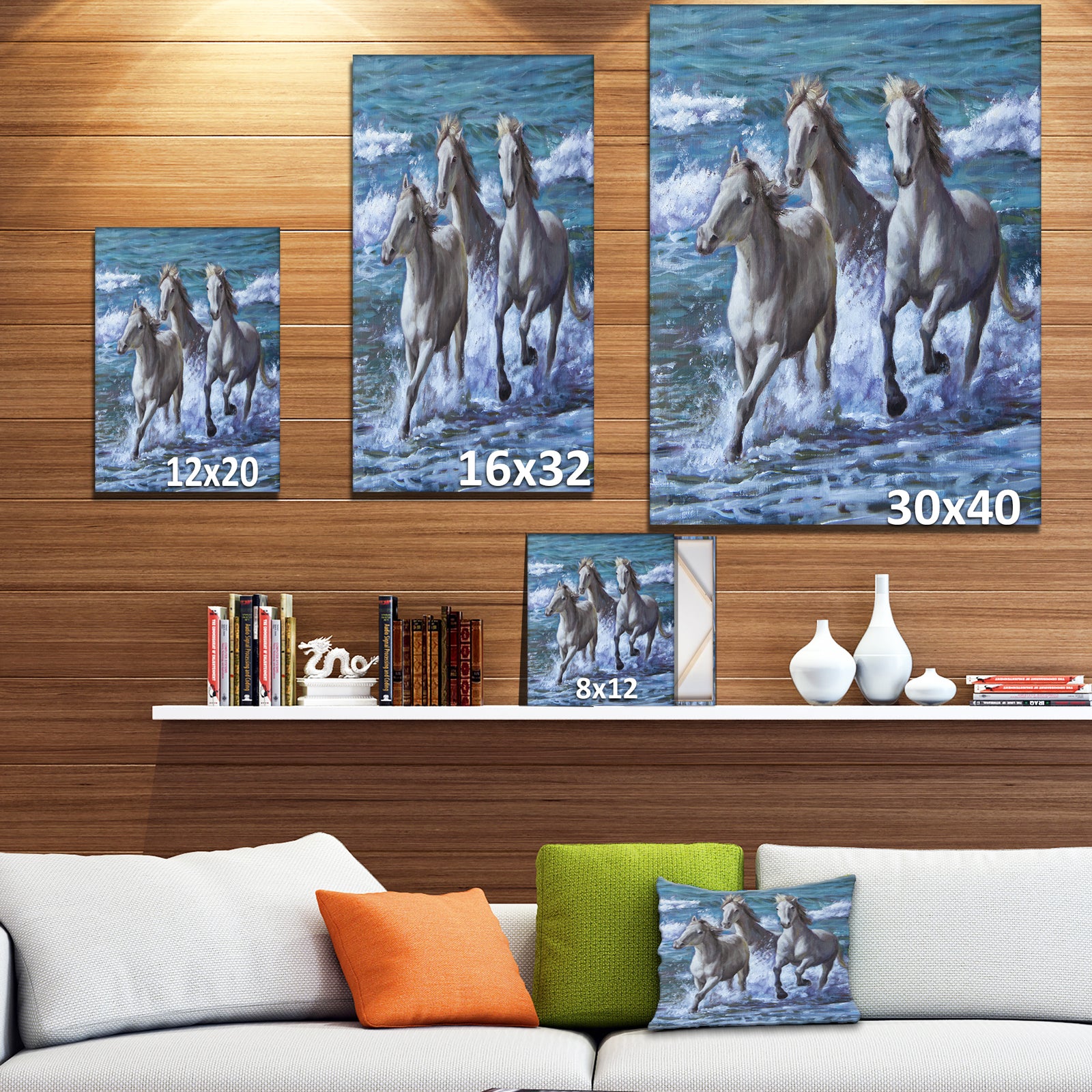 Three Horses Running in Seaside - Farmhouse Animal Painting Print on Wrapped Canvas