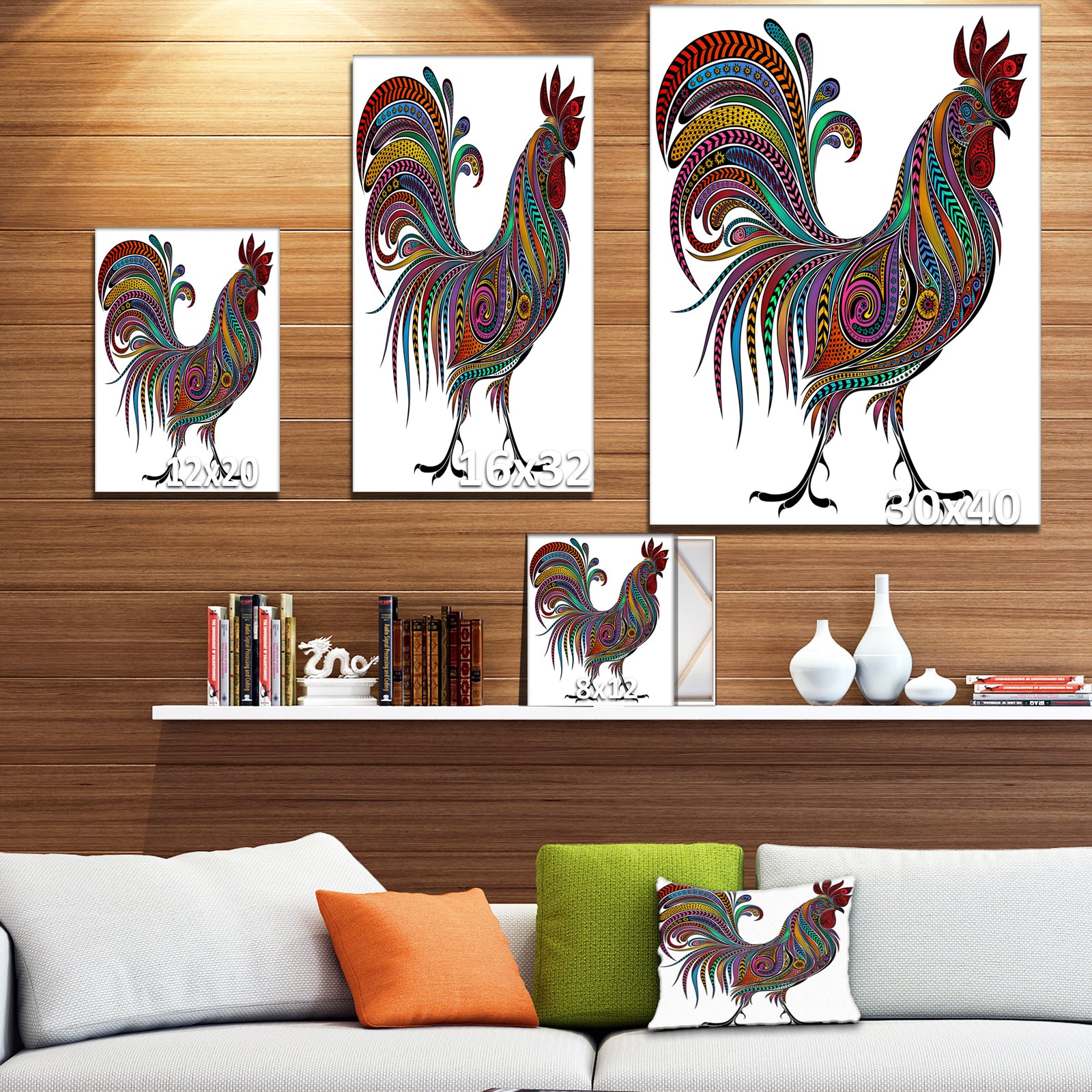 2017 Colored Patterns Rooster - Farmhouse Animal Painting Print on Wrapped Canvas