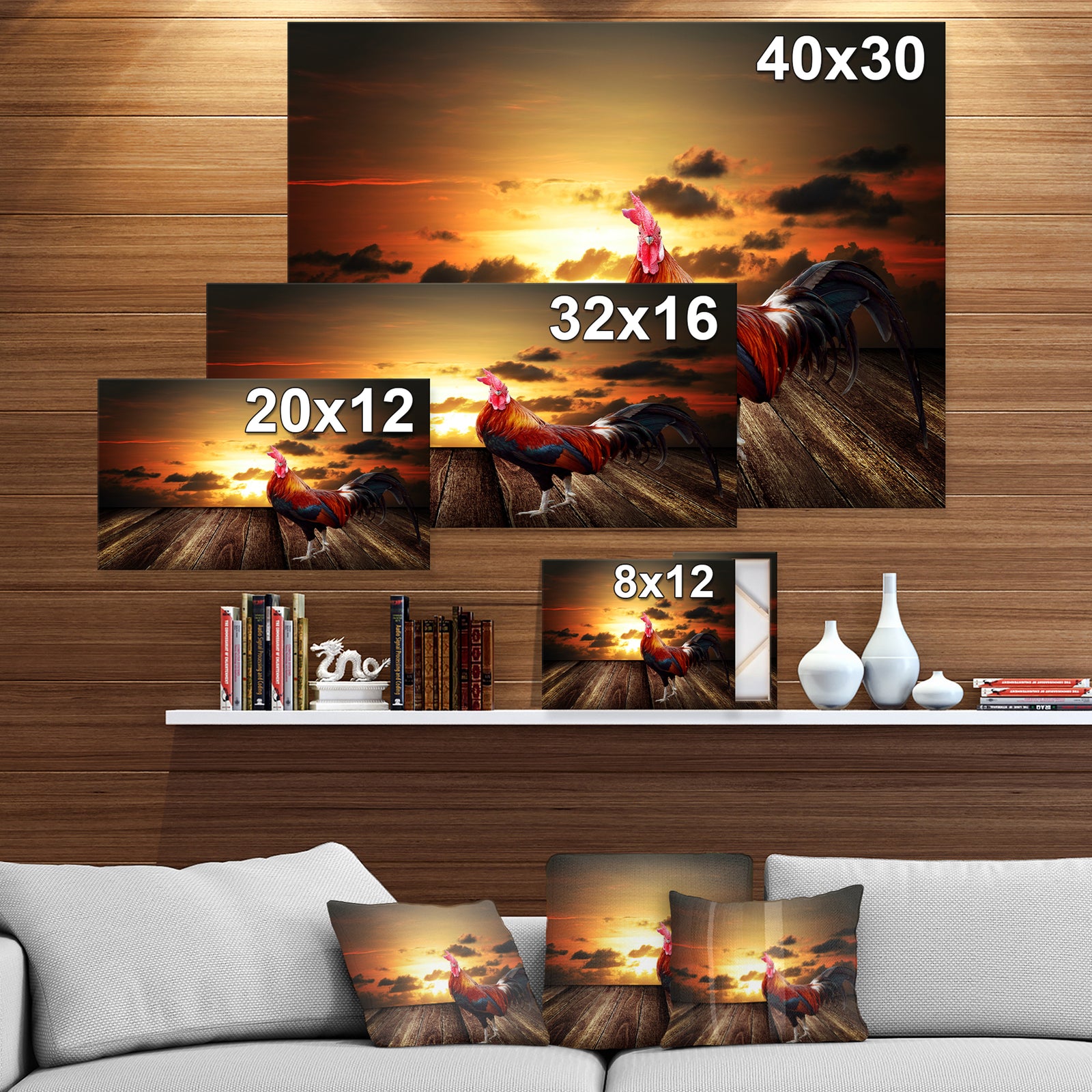 Rooster in morning sunrise - Digital Art on wrapped Canvas