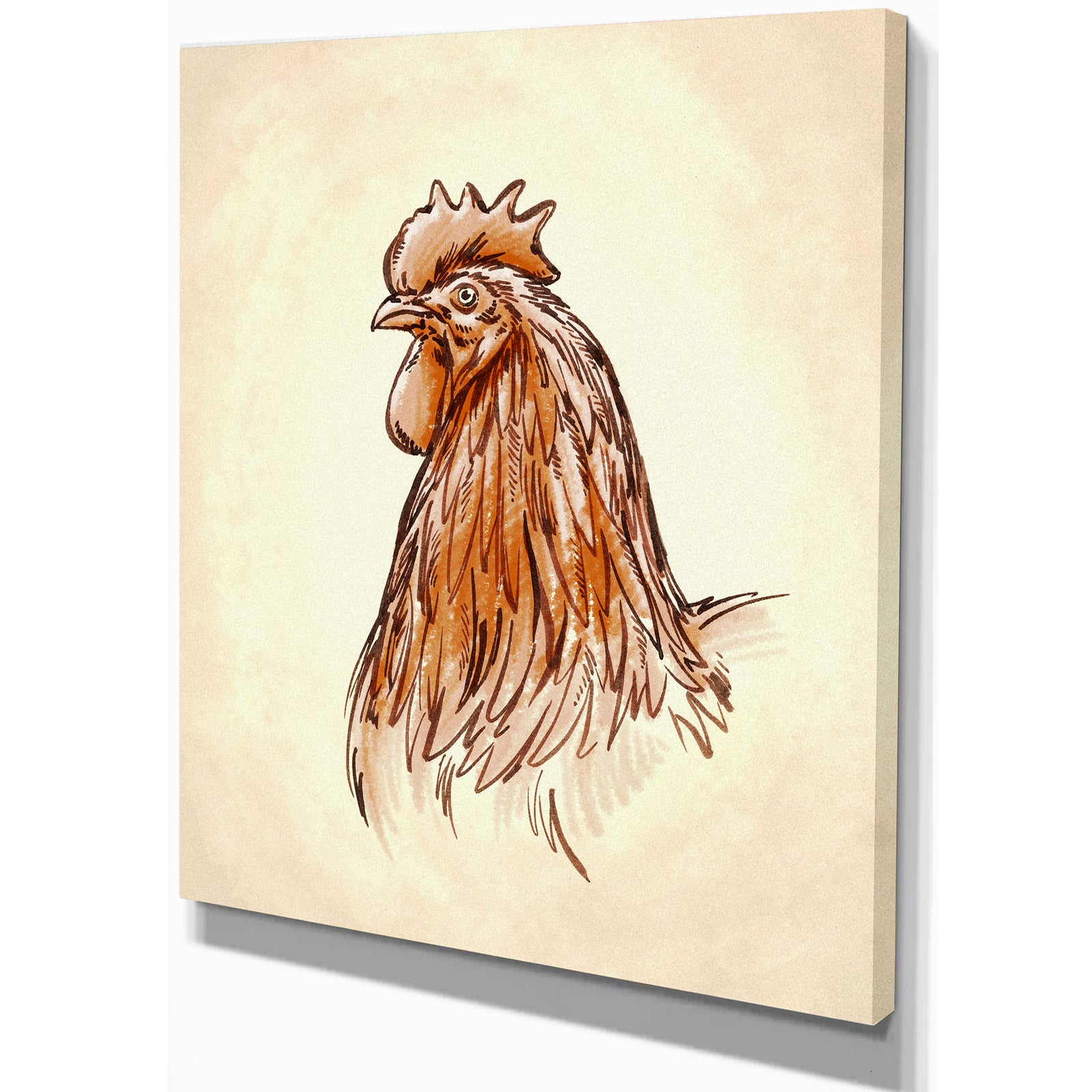 Rooseter in Engrave Ink Draw - Farmhouse Animal Painting Print on Wrapped Canvas