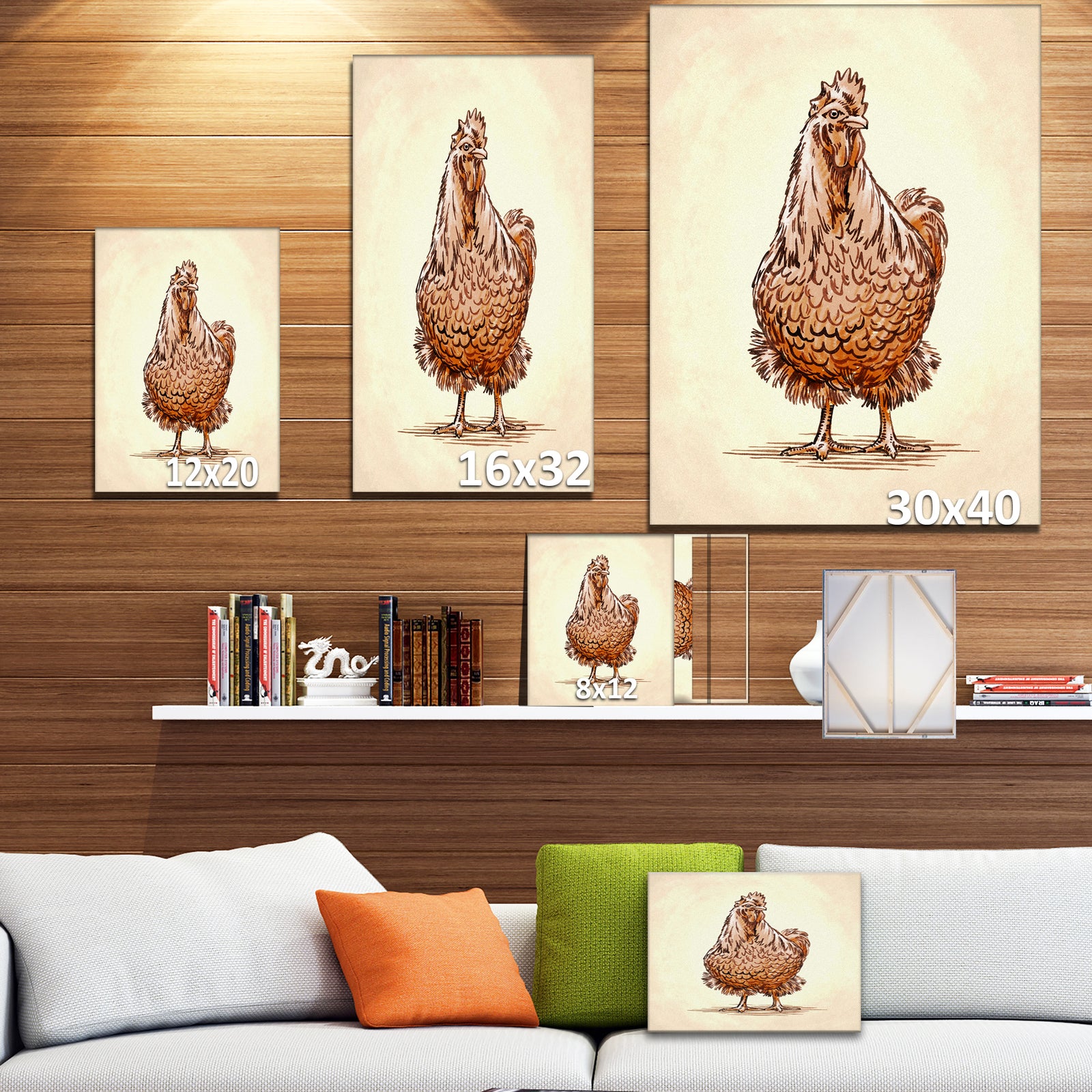 Color engrave isolated chicken illustration - Farmhouse Animal Painting Print on Wrapped Canvas