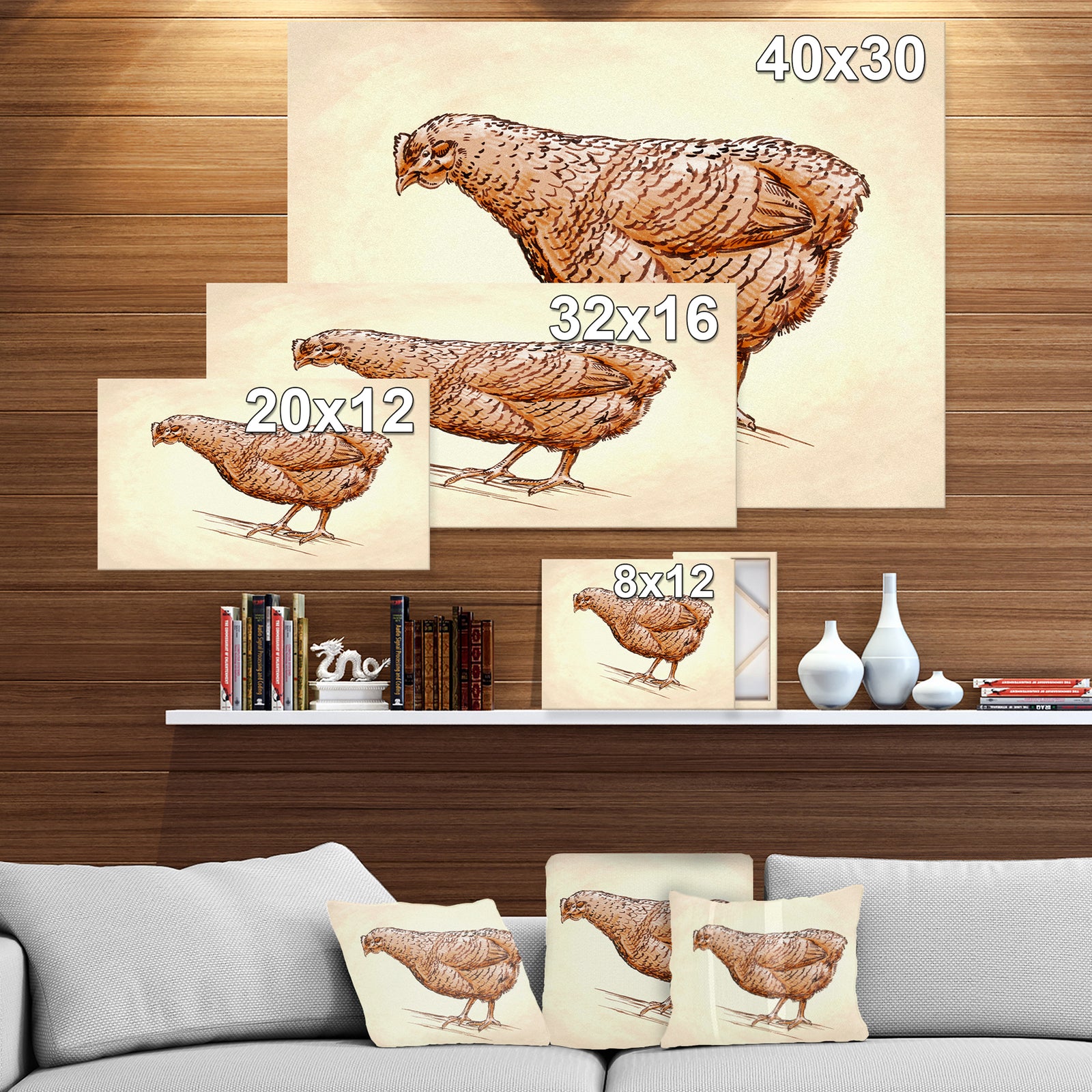 Mother Hen in Engrave Ink Draw - Farmhouse Animal Painting Print on Wrapped Canvas