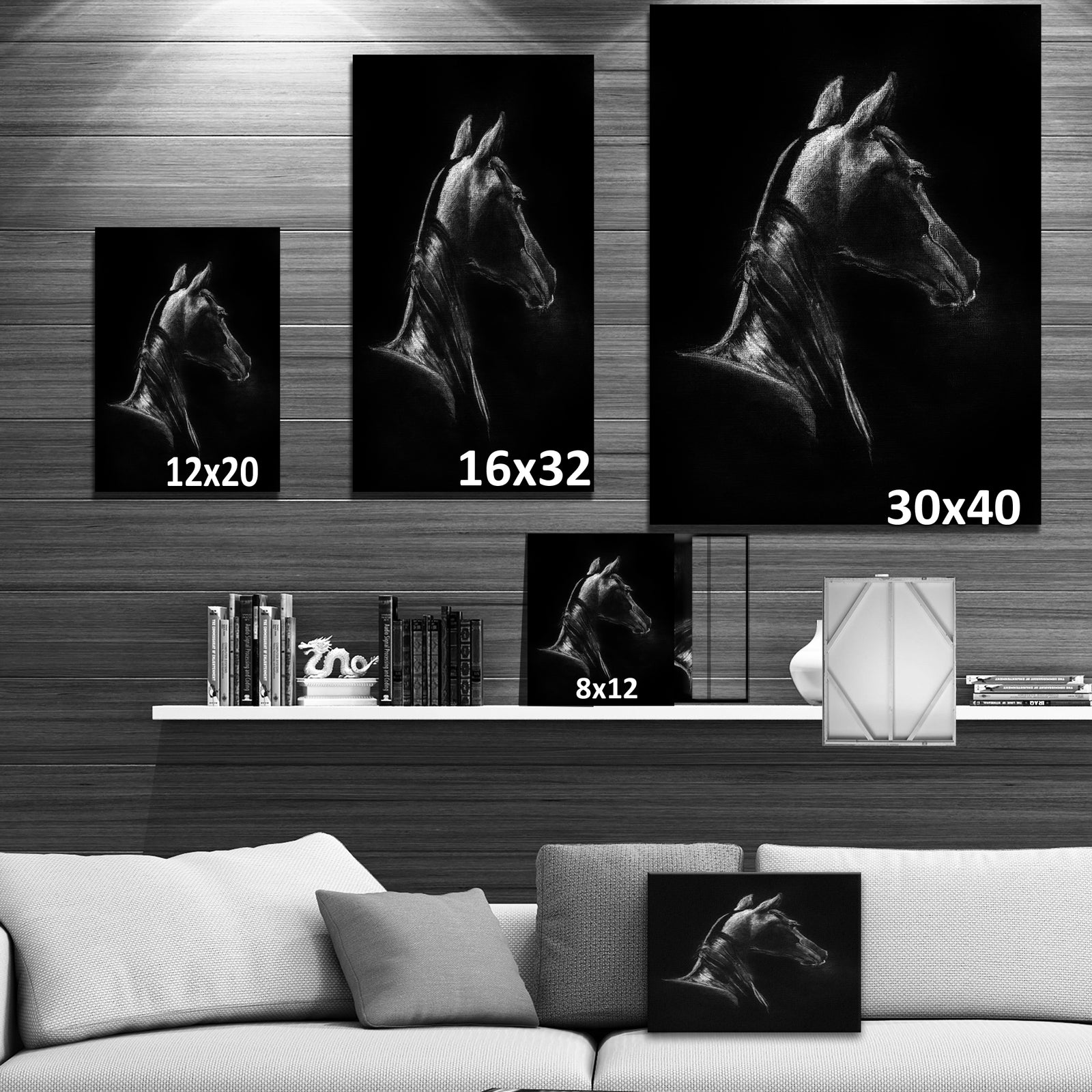 Horse in Black Background - Farmhouse Animal Painting Print on Wrapped Canvas