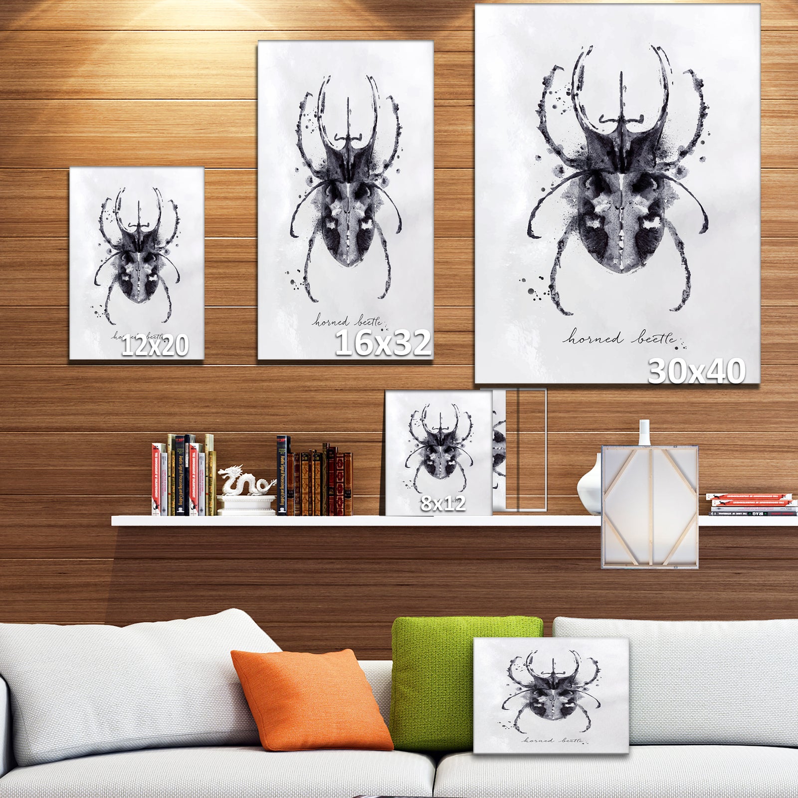 Monotype horned beetle black - Animals Painting Print on Wrapped Canvas