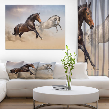 Two Horse Run in Desert at Cloudy Sky - Animals photographyPrint on Wrapped Canvas